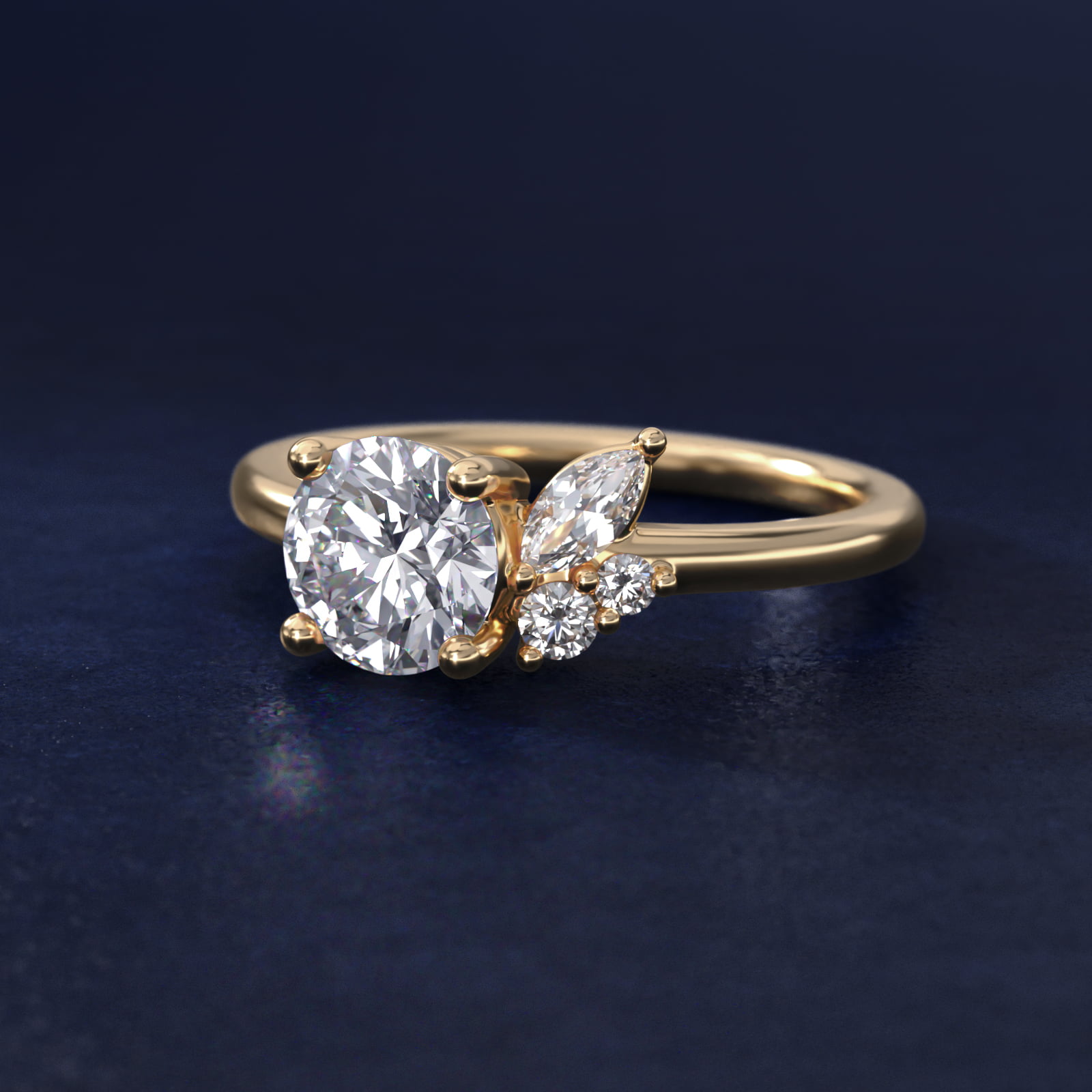 Asymmetrical Marquise and Round Cluster Diamond Engagement Ring in 18k Yellow Gold