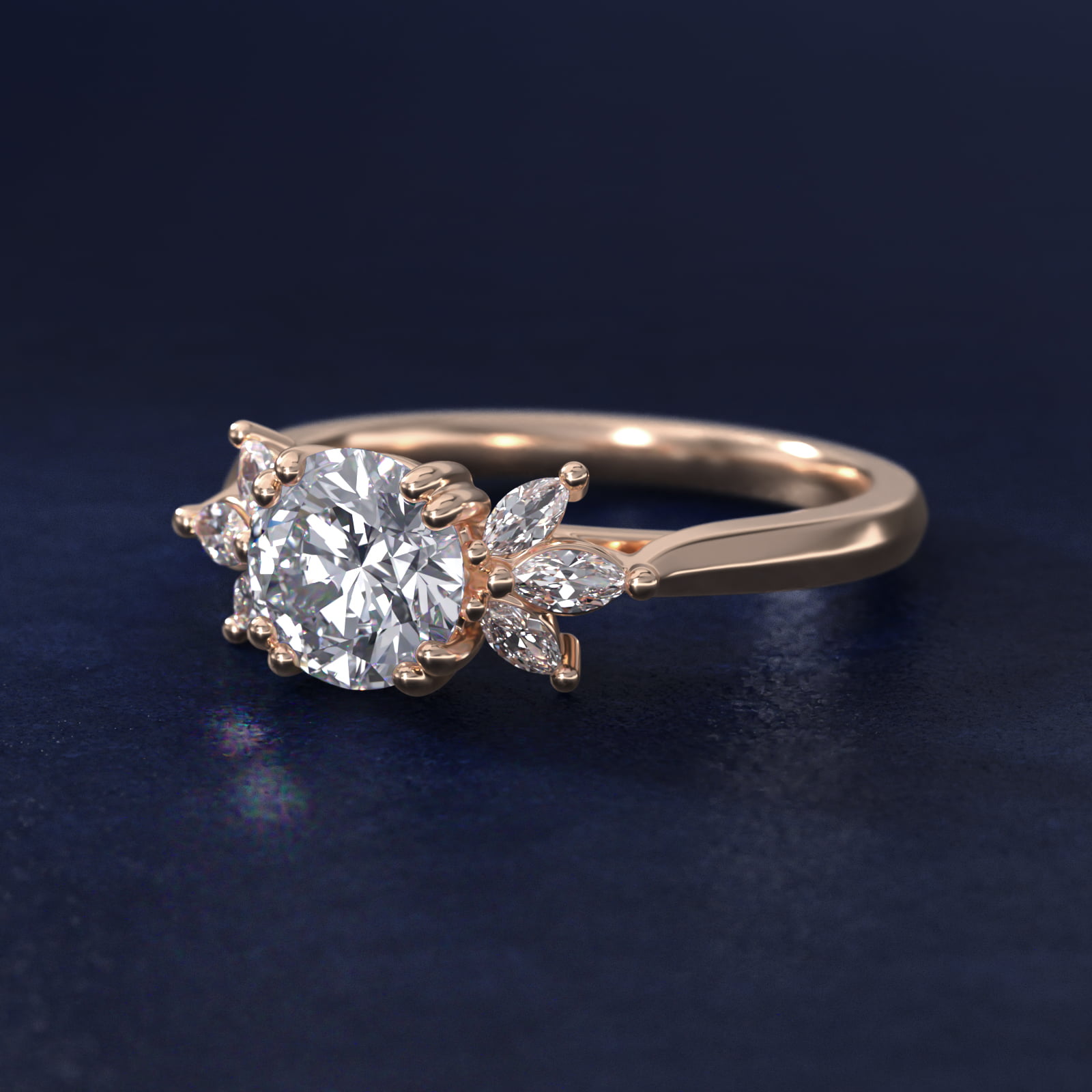 Trio Marquise Diamond Engagement Ring in 14k Rose Gold