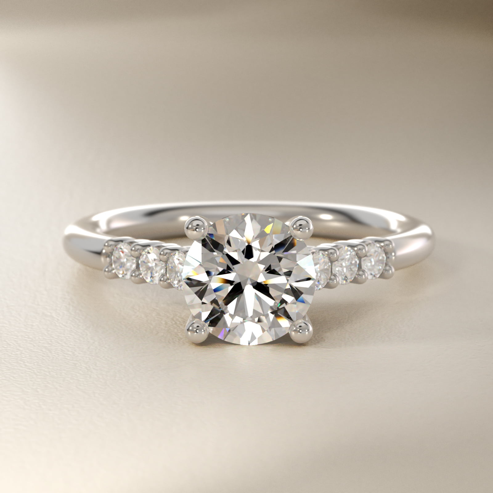 Classic Shared Prong Cathedral Diamond Engagement Ring in 18k White Gold