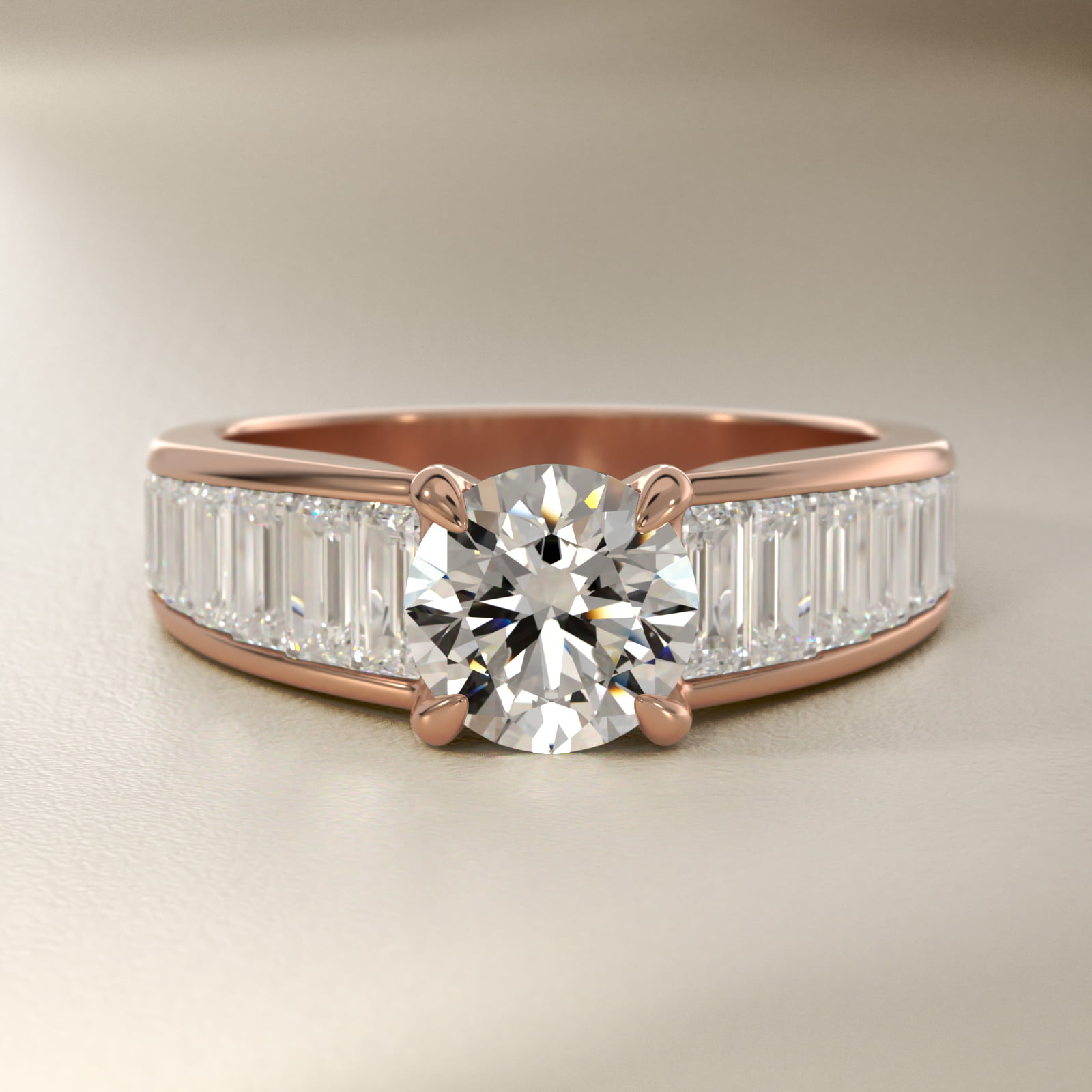 Baguette Channel Diamond Engagement Ring in 18k Rose Gold