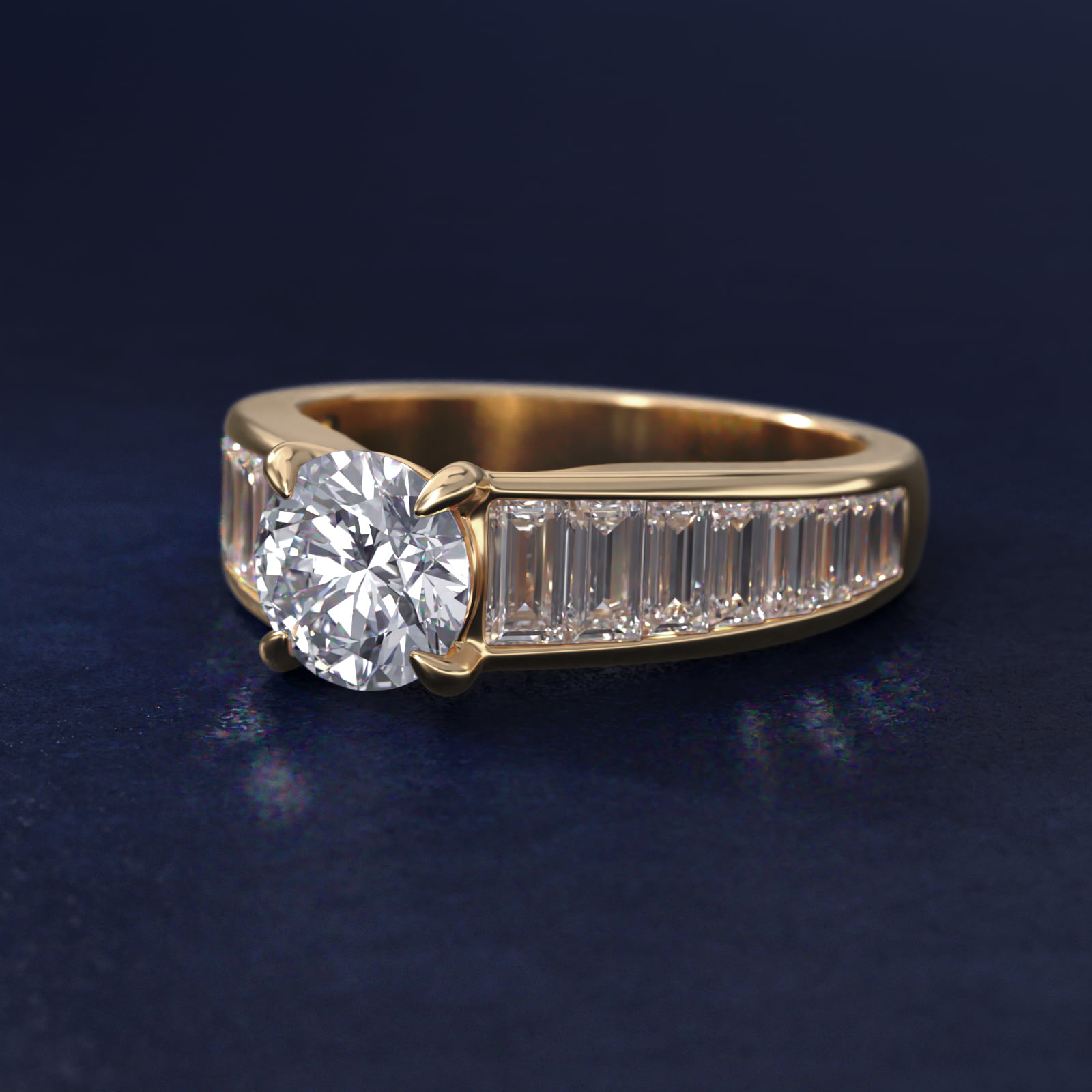 Baguette Channel Diamond Engagement Ring in 18k Yellow Gold
