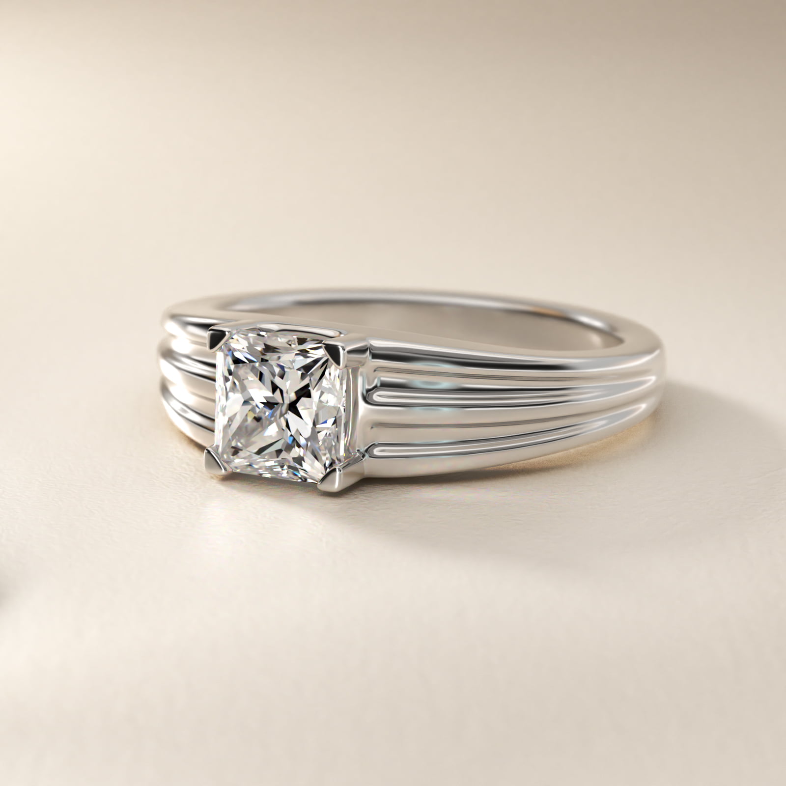 Men's Tapered Grooved Solitaire Engagement Ring in 18k White Gold