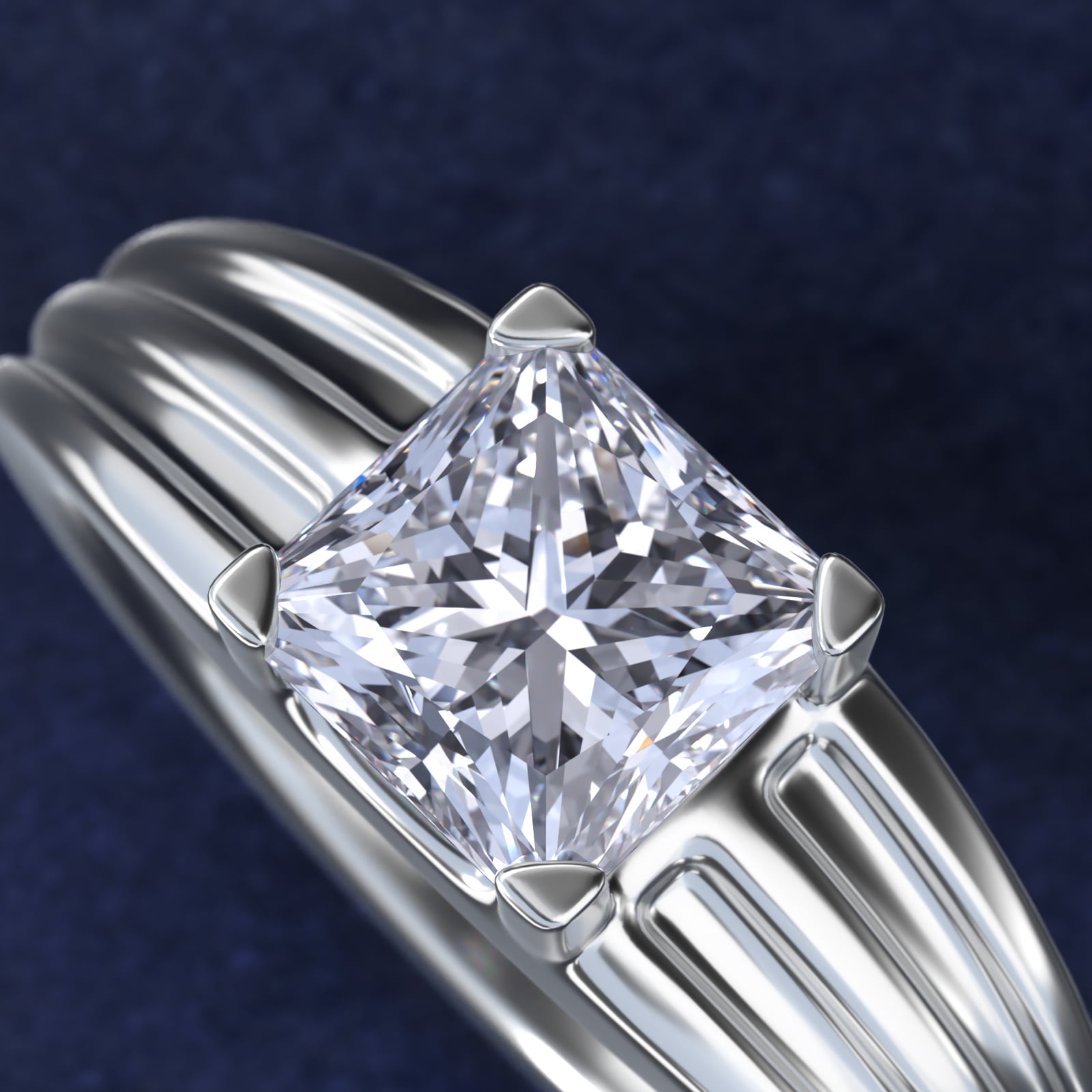 Men's Tapered Grooved Solitaire Engagement Ring in 18k White Gold