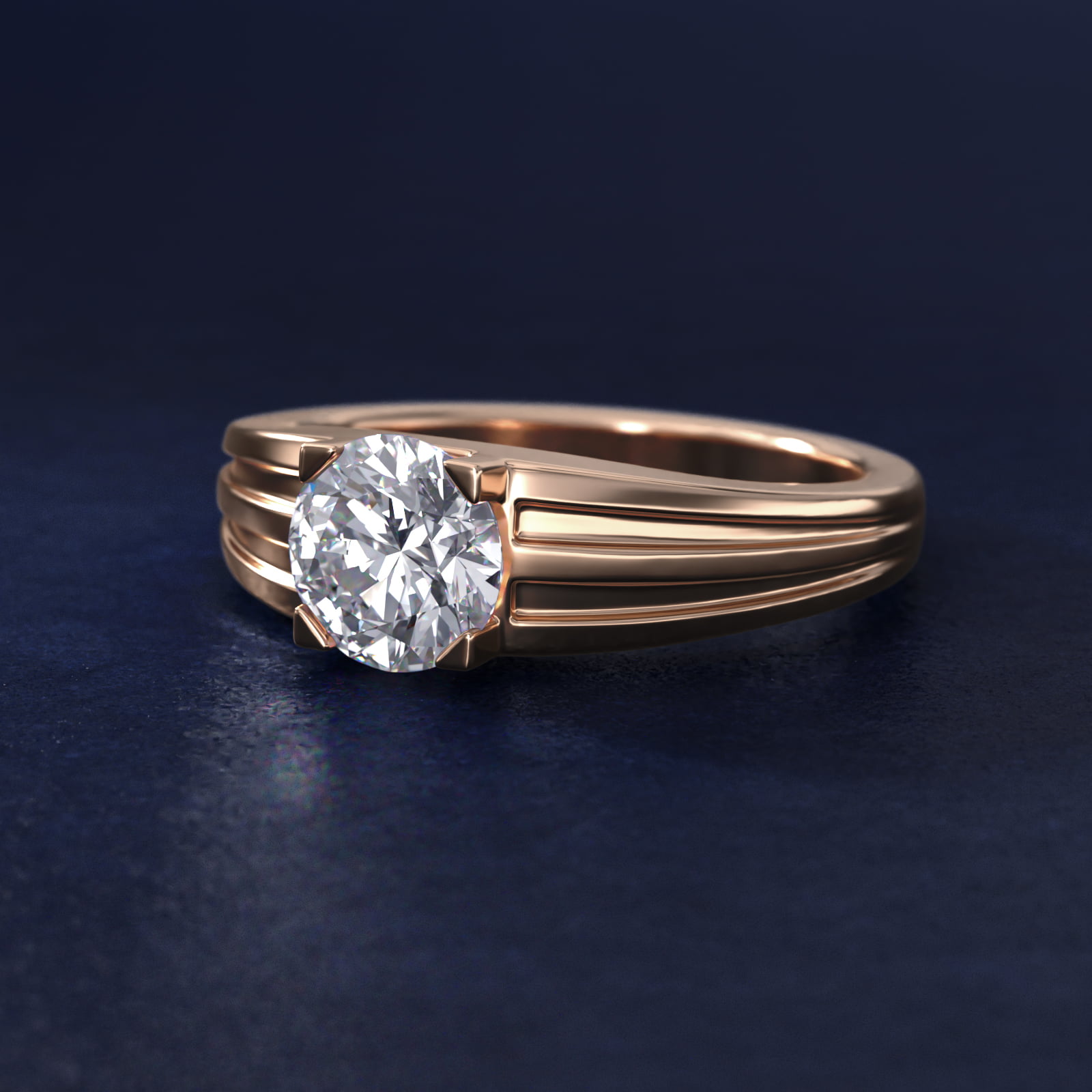 Men's Tapered Grooved Solitaire Engagement Ring in 18k Rose Gold