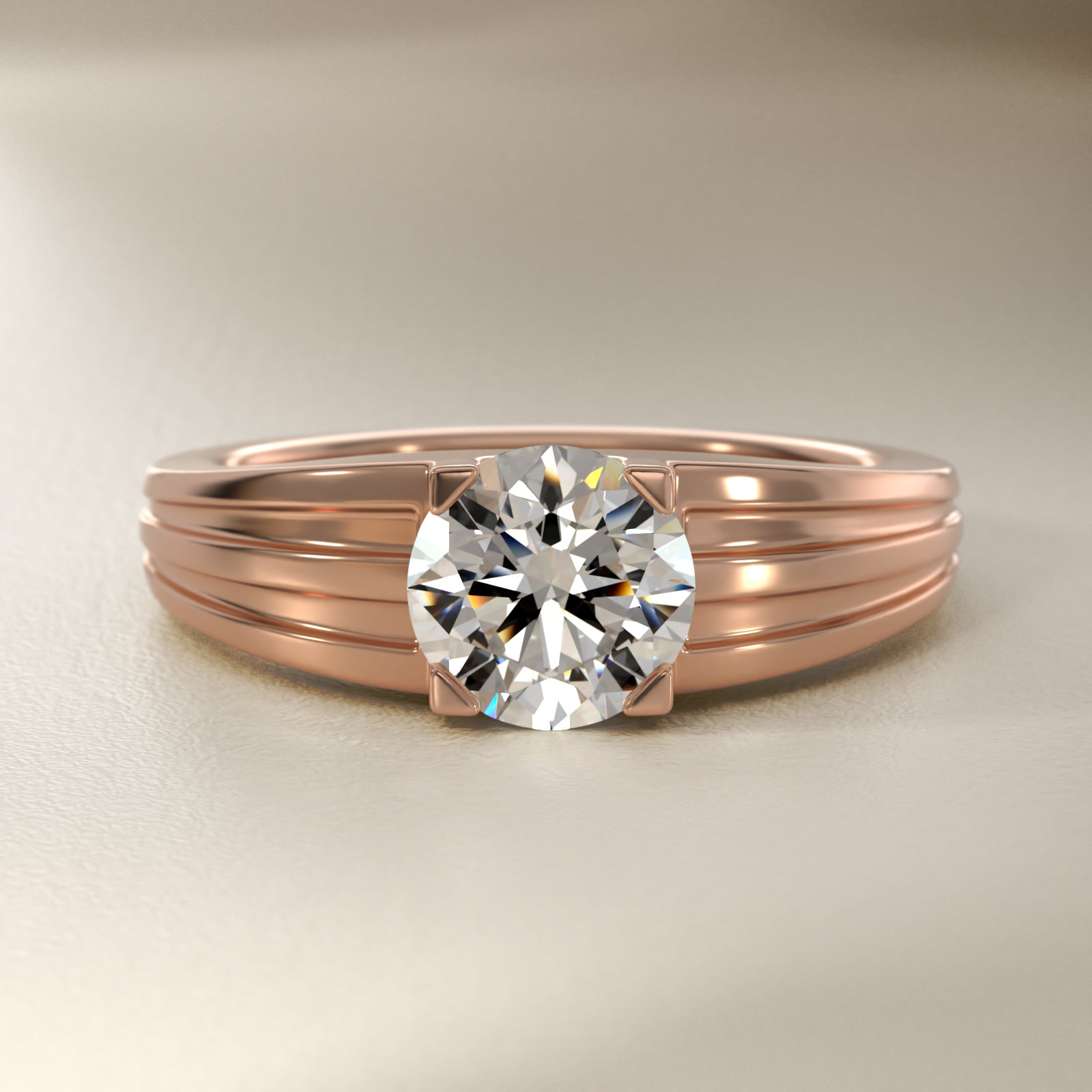 Men's Tapered Grooved Solitaire Engagement Ring in 14k Rose Gold