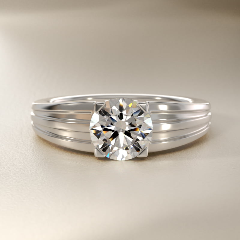 Men's Tapered Grooved Solitaire Engagement Ring in 14k White Gold