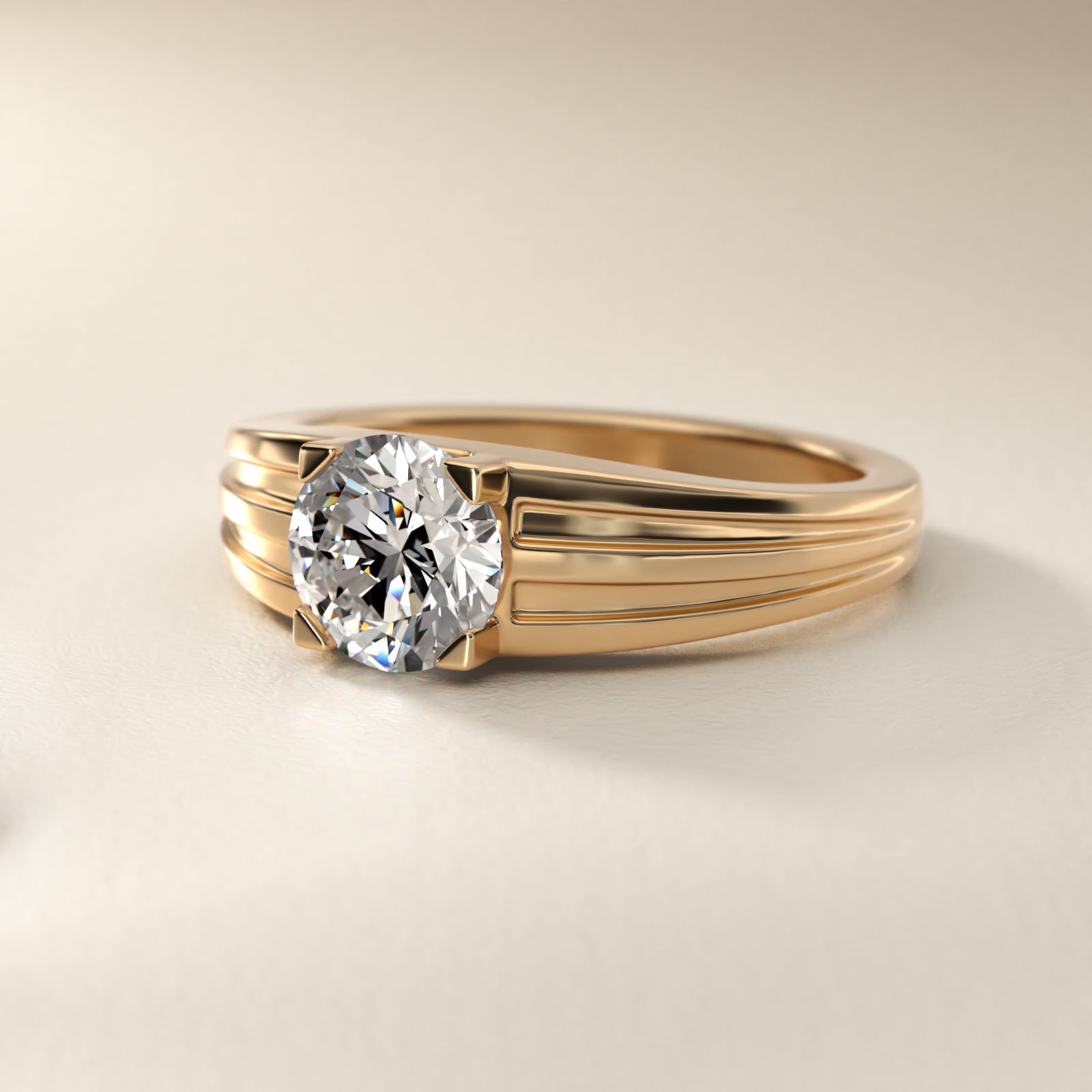 Men's Tapered Grooved Solitaire Engagement Ring in 18k Yellow Gold