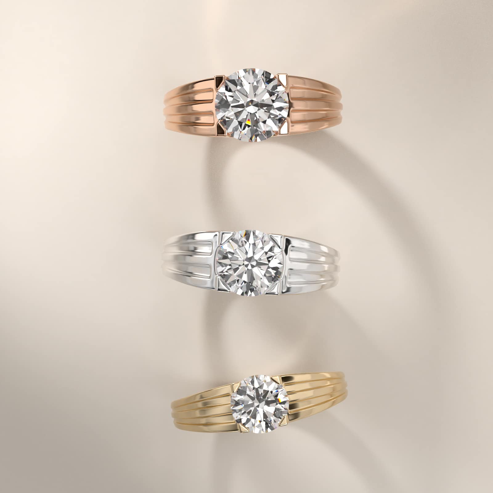 Men's Tapered Grooved Solitaire Engagement Ring in 14k Yellow Gold