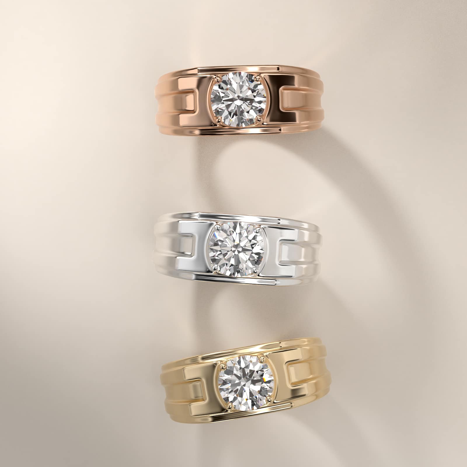 Men's Structured Solitaire Engagement Ring in 18k White Gold