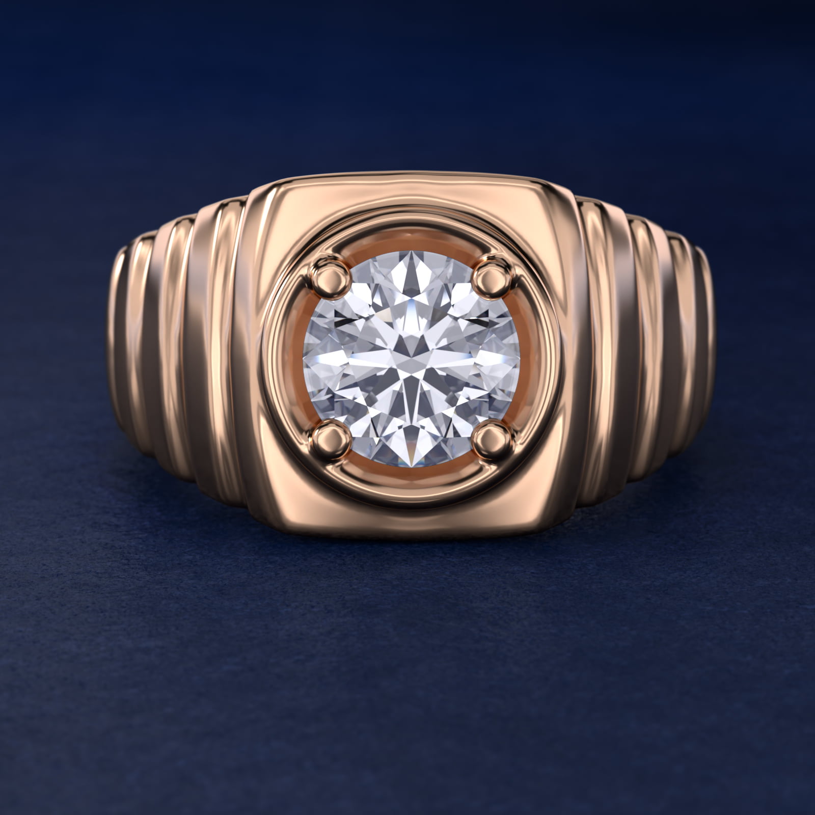 Men's Ridged Solitaire Engagement Ring in 14k Rose Gold