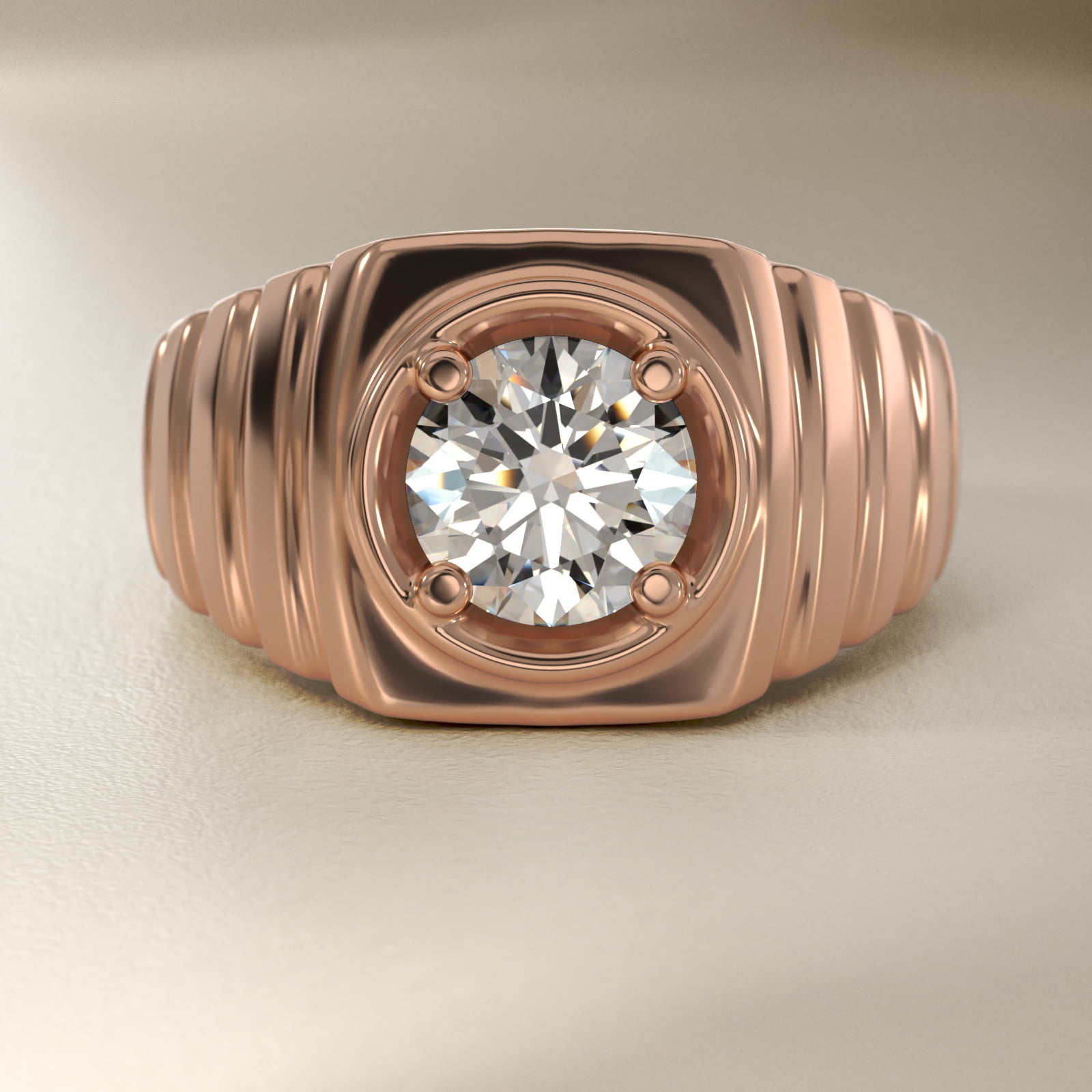 Men's Ridged Solitaire Engagement Ring in 18k Rose Gold