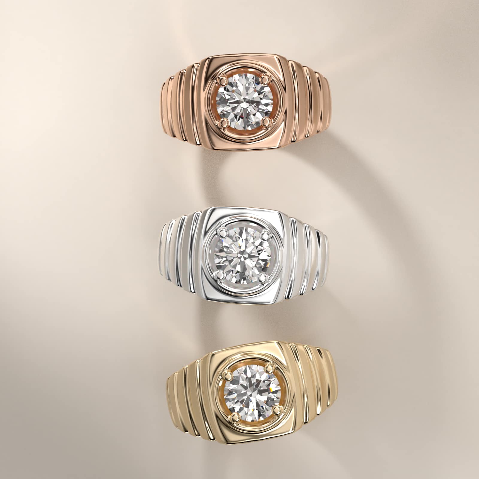 Men's Ridged Solitaire Engagement Ring in 14k Rose Gold