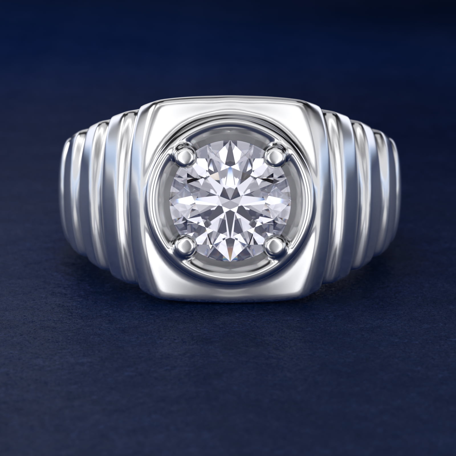 Men's Ridged Solitaire Engagement Ring in 18k White Gold