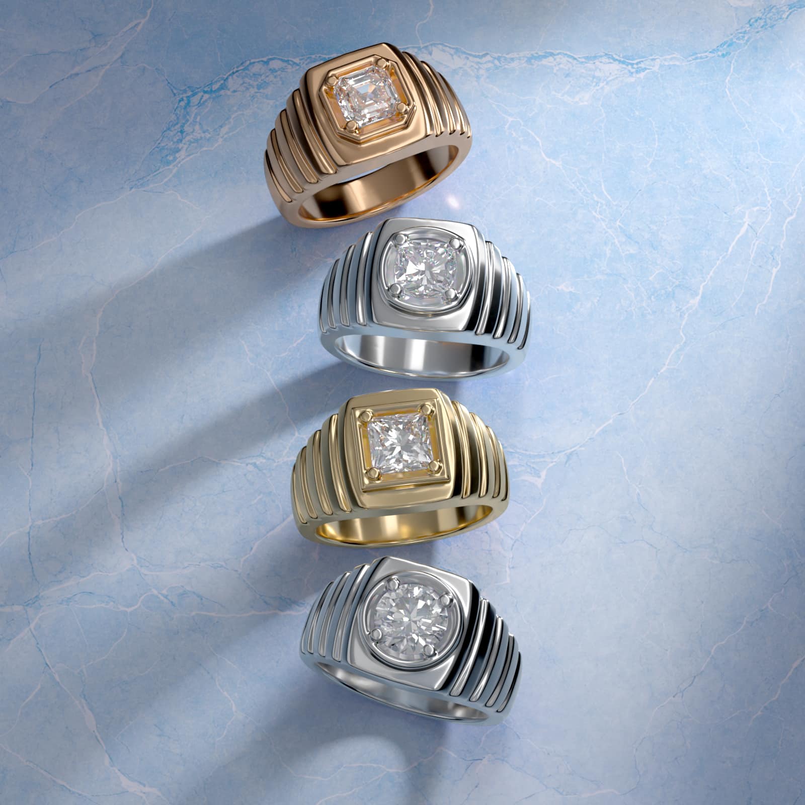 Men's Ridged Solitaire Engagement Ring in 18k White Gold