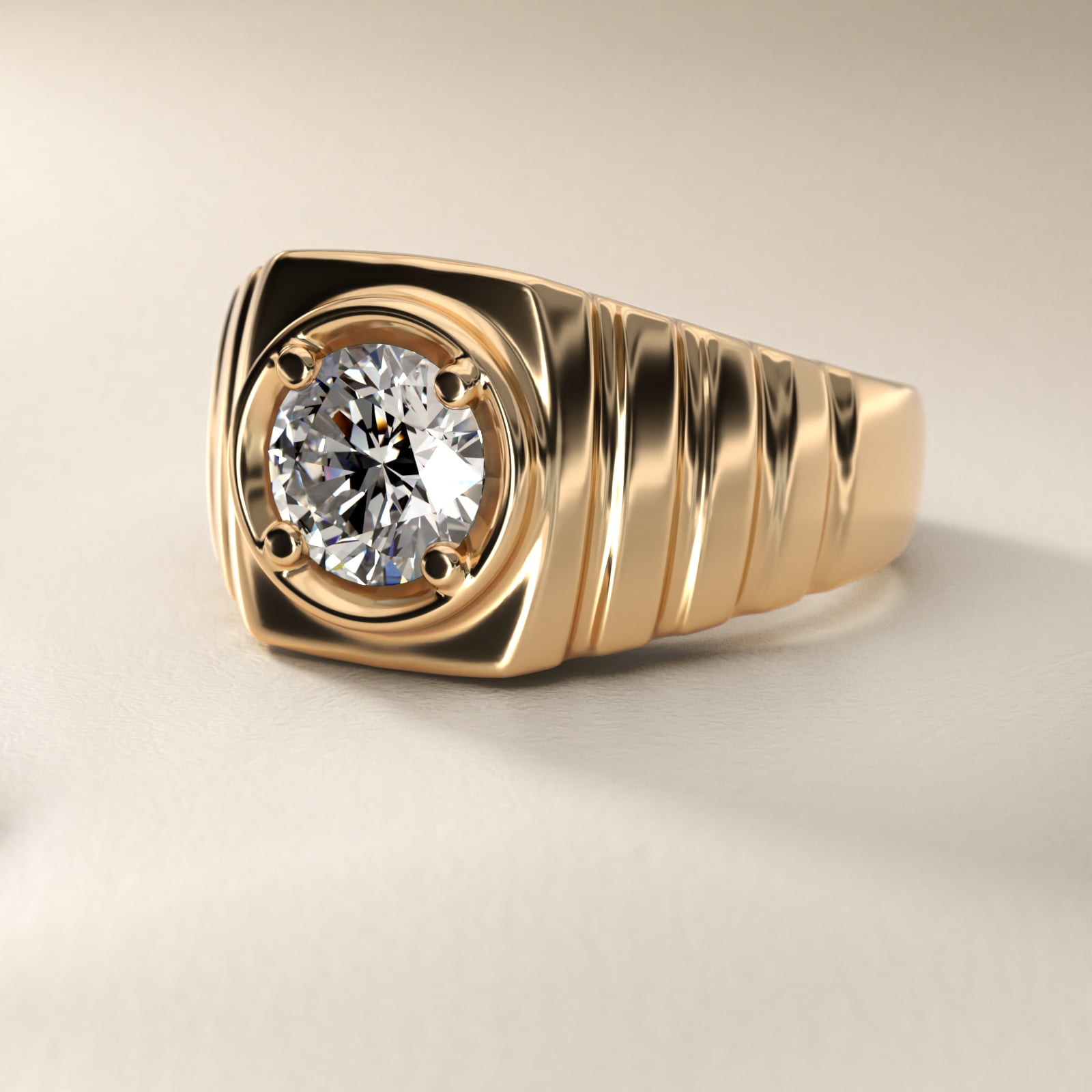 Men's Ridged Solitaire Engagement Ring in 14k Yellow Gold