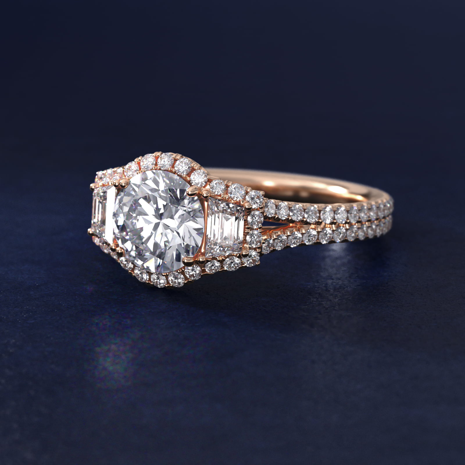 The Gallery Collection™ Emerald Three Stone Halo Diamond Engagement Ring in 14k Rose Gold (1.50 ct. tw.)