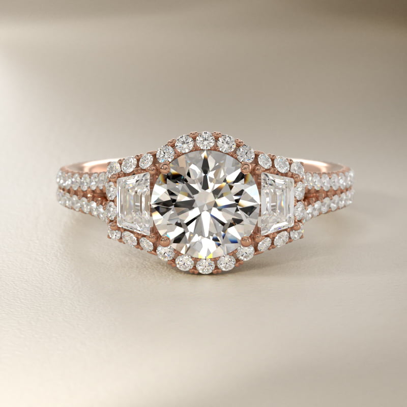 The Gallery Collection™ Emerald Three Stone Halo Diamond Engagement Ring in 14k Rose Gold (1.50 ct. tw.)