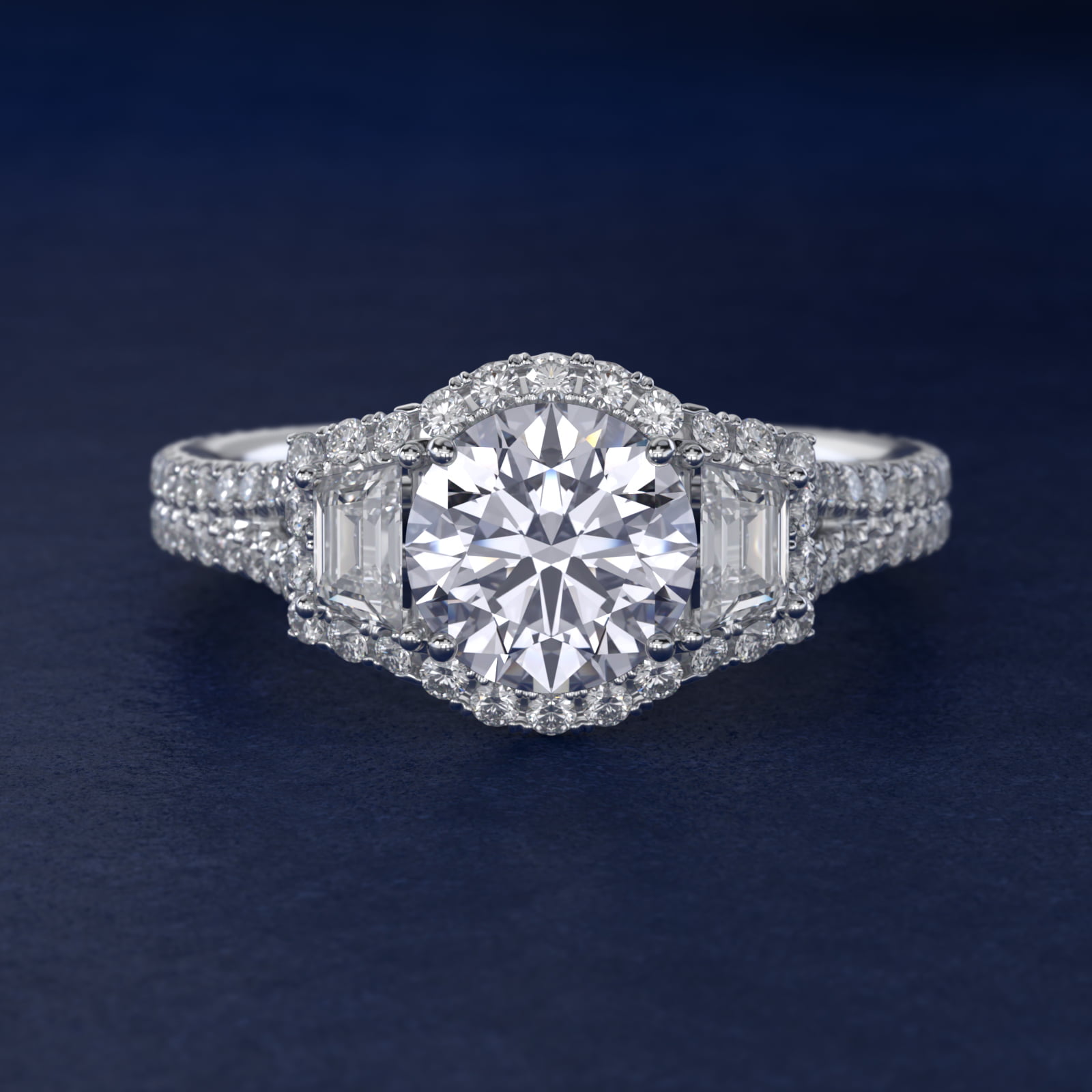 The Gallery Collection™ Emerald Three Stone Halo Diamond Engagement Ring in 18k White Gold (1.50 ct. tw.)