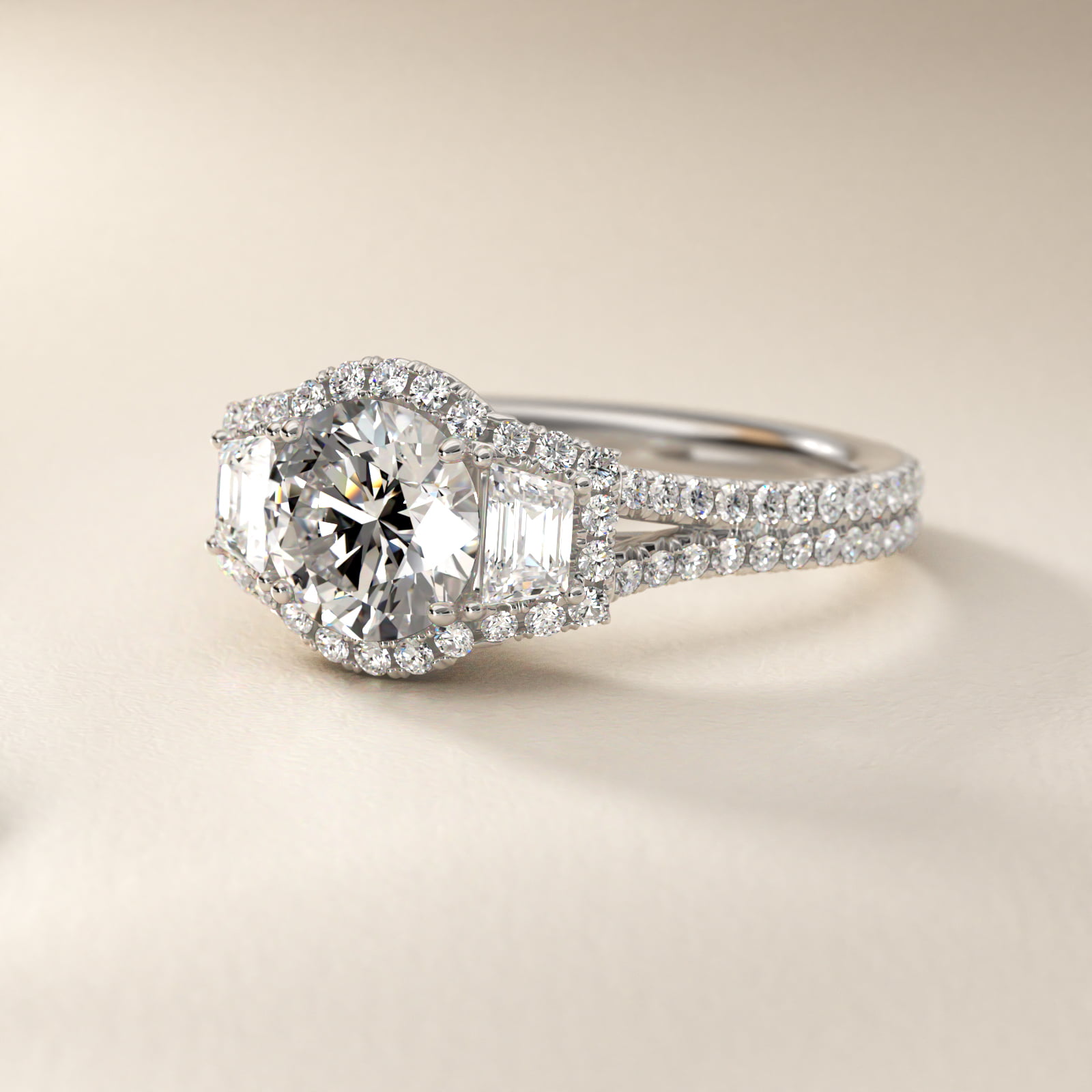 The Gallery Collection™ Emerald Three Stone Halo Diamond Engagement Ring in Platinum