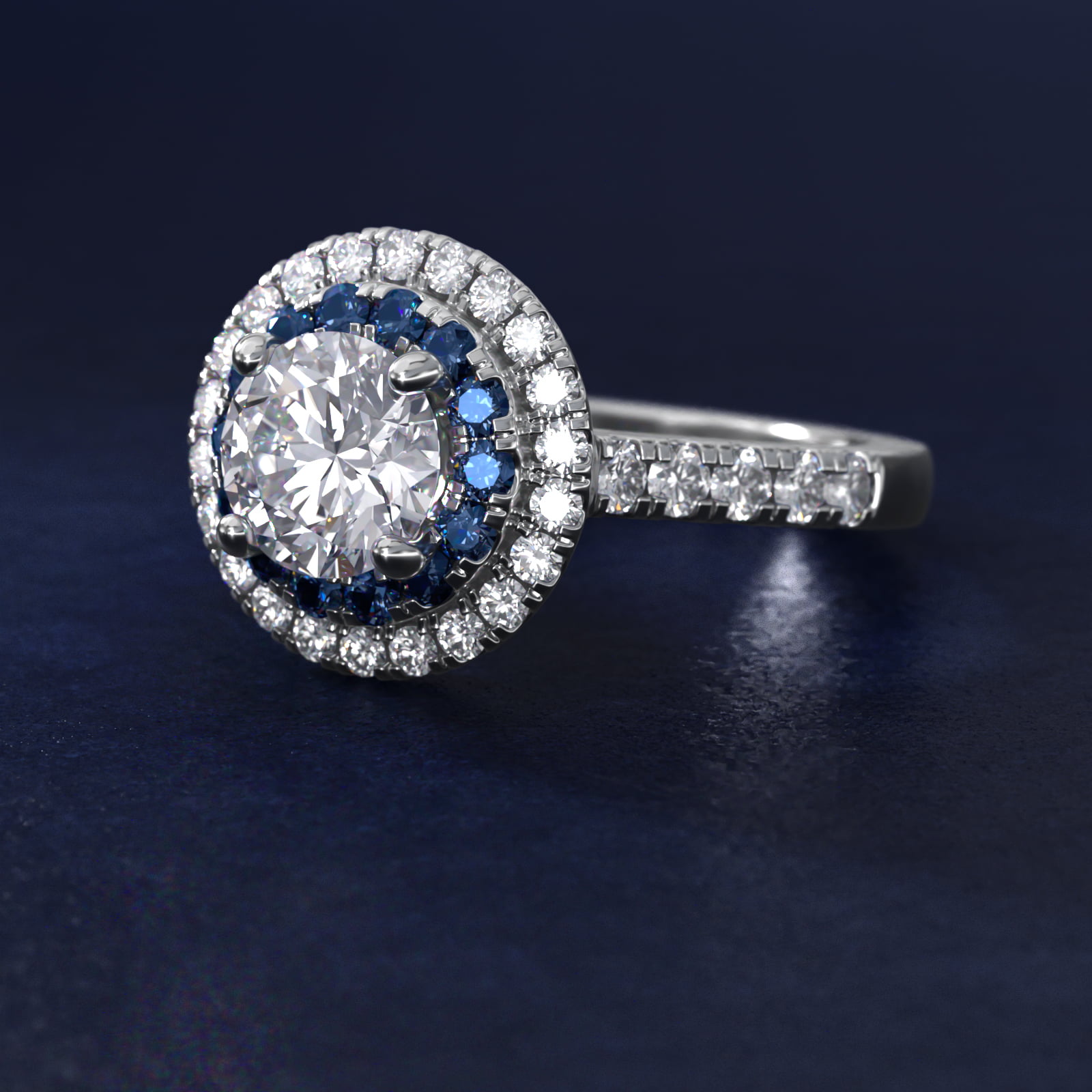 Sapphire and Diamond Double Halo Engagement Ring in 18k White Gold (1/2 ct. tw.)