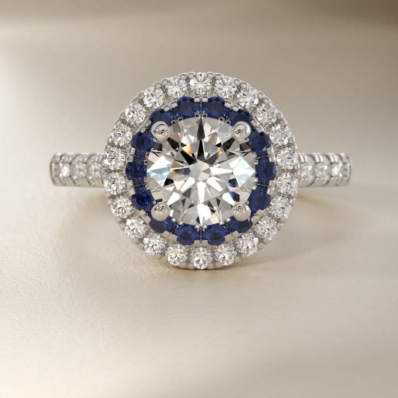 Sapphire and Diamond Double Halo Engagement Ring in 14k White Gold (1/2 ct. tw.)