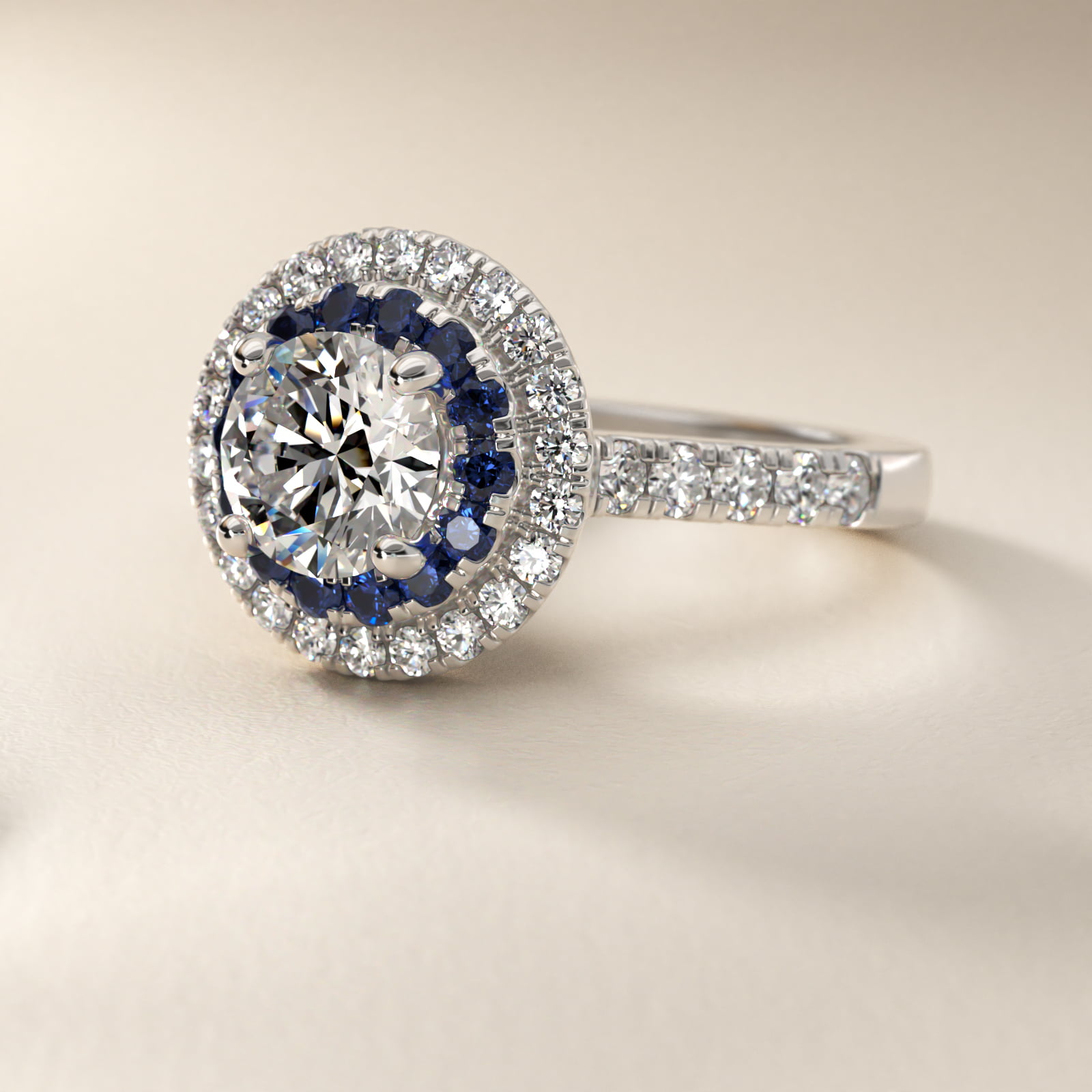 Sapphire and Diamond Double Halo Engagement Ring in Platinum (1/2 ct. tw.)