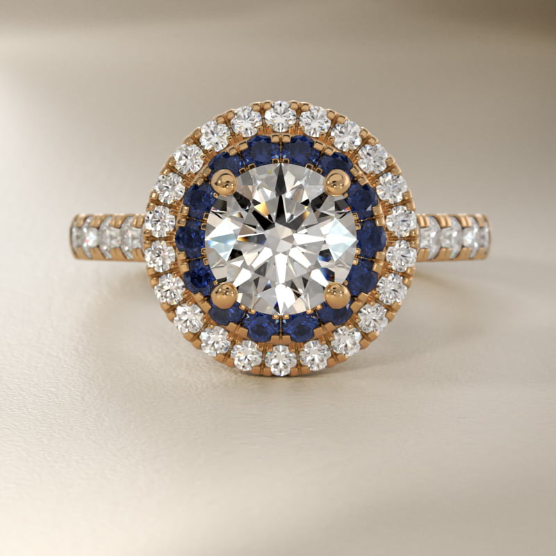 Sapphire and Diamond Double Halo Engagement Ring in 18k Yellow Gold (1/2 ct. tw.)