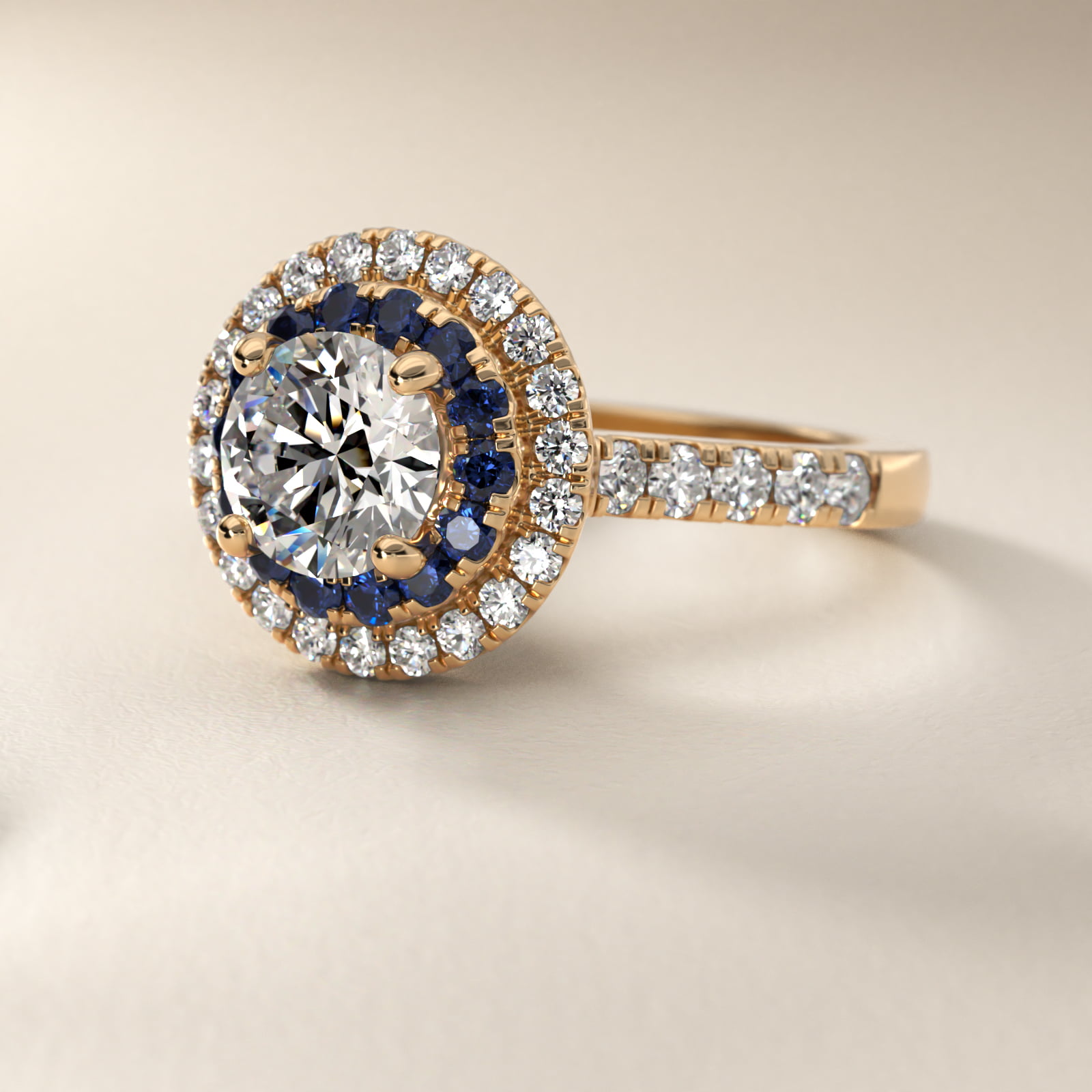 Sapphire and Diamond Double Halo Engagement Ring in 14K Yellow Gold (1/2 ct. tw.)