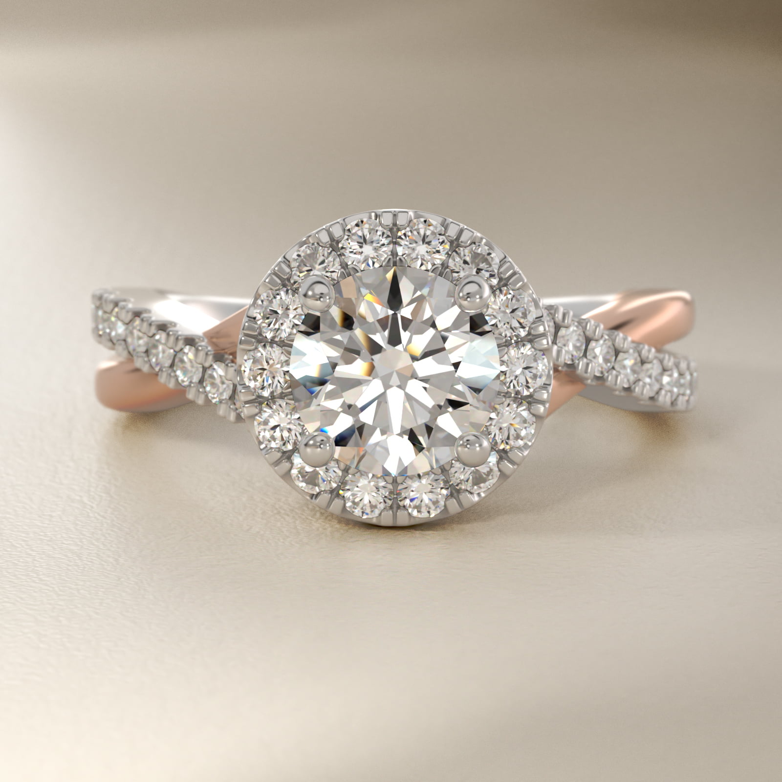 Two-Tone Twisted Halo Diamond Engagement Ring in 14k White and Rose Gold (3/8 ct. tw.)