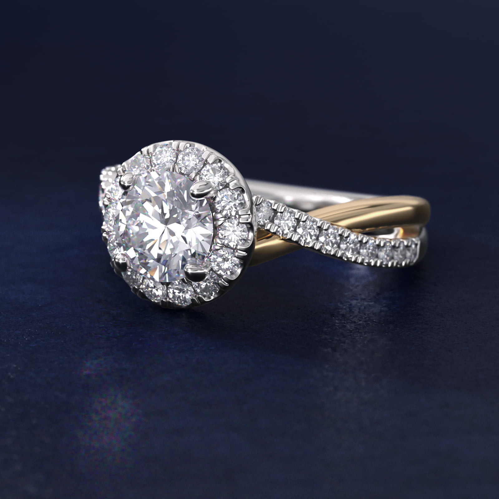 Two-Tone Twisted Halo Diamond Engagement Ring in 14k White and Yellow Gold (3/8 ct. tw.)