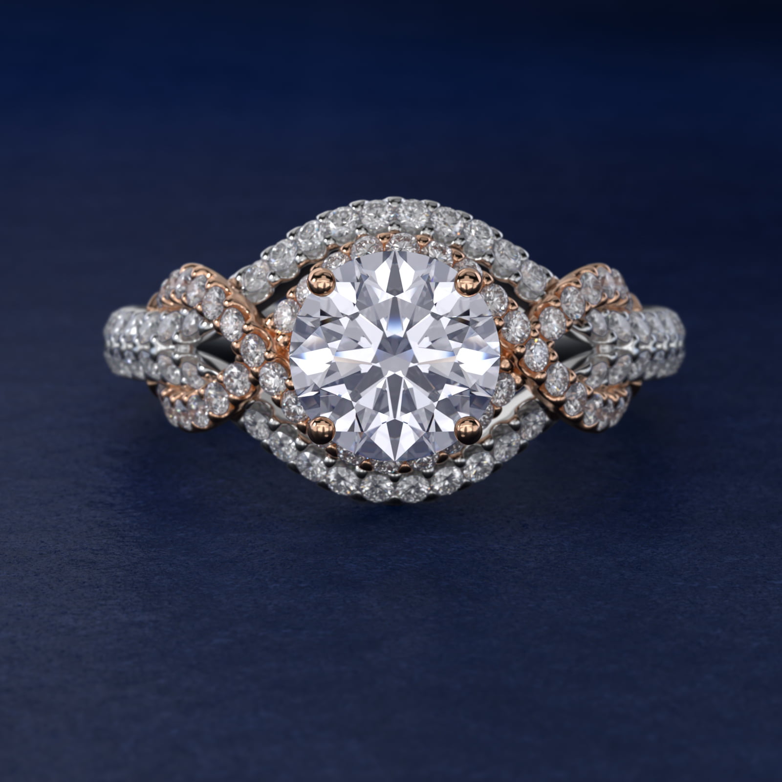 Two-Tone Intertwined Double Halo Diamond Engagement Ring in 14k White and Rose Gold (1/2 ct. tw.)