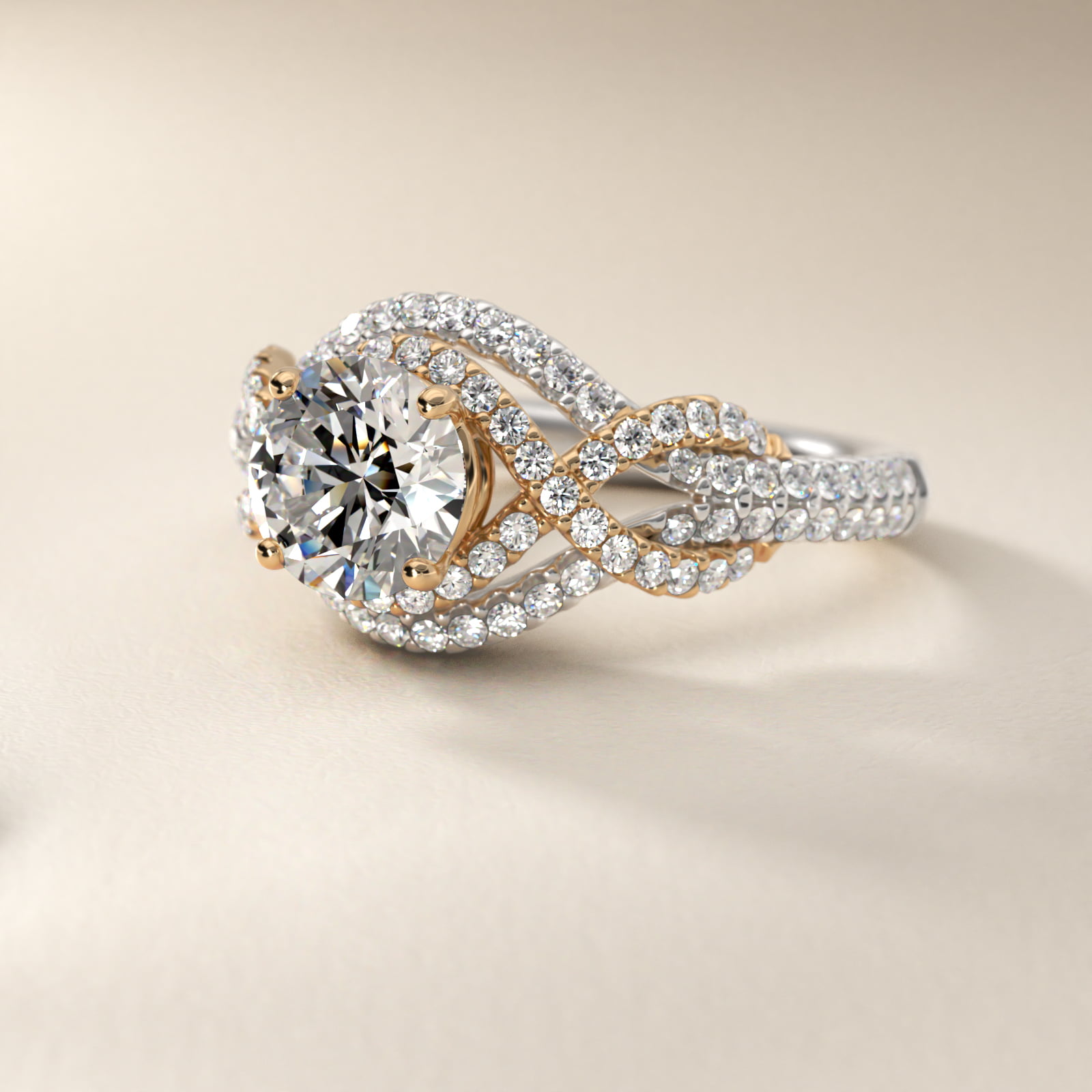 Two-Tone Intertwined Double Halo Diamond Engagement Ring in 14k White and Yellow Gold (1/2 ct. tw.)