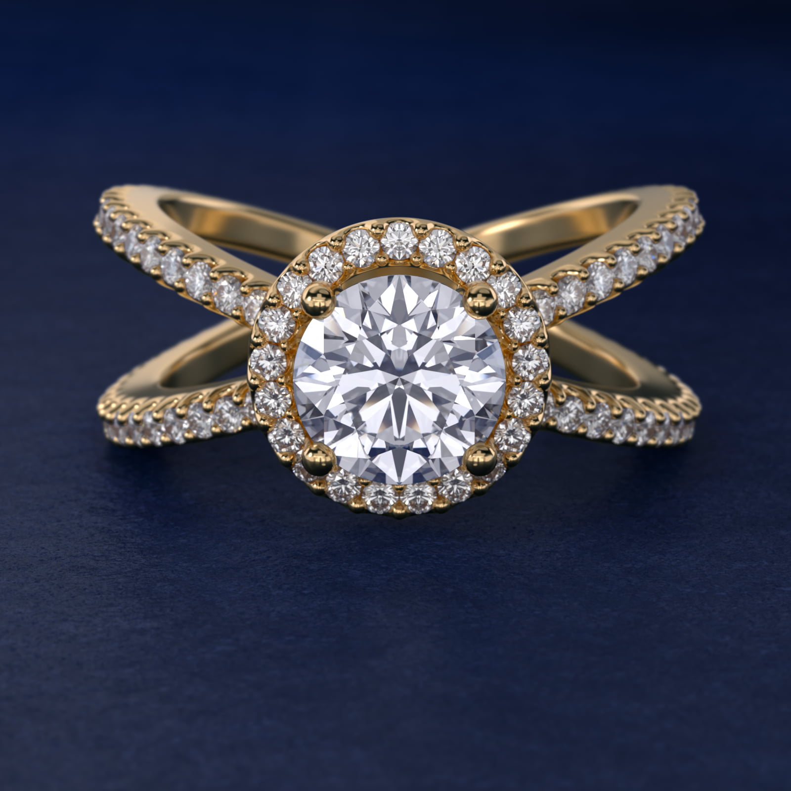 X Split Shank Hidden Halo Diamond Engagement Ring in 18k Yellow Gold (1/2 ct. tw.)