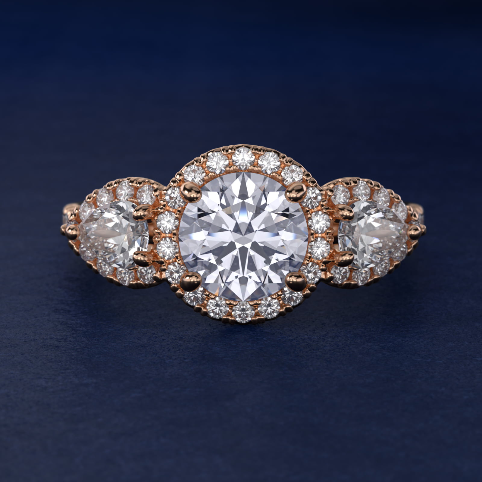 Three-Stone Pear Halo Diamond Engagement Ring in 14k Rose Gold