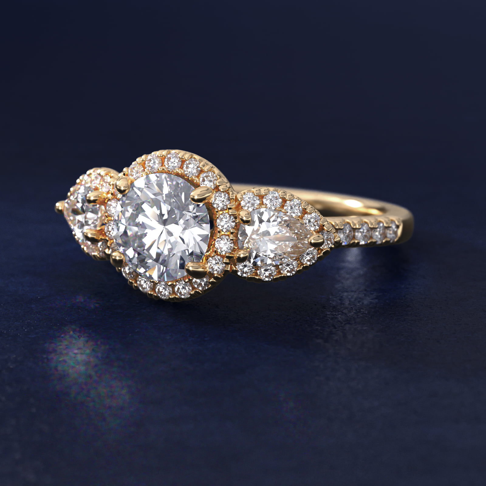 Three-Stone Pear Halo Diamond Engagement Ring in 14k Yellow Gold