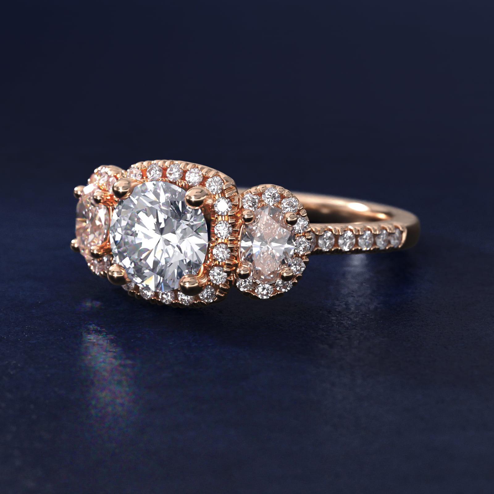 Three-Stone Oval Halo Diamond Engagement Ring in 14k Rose Gold