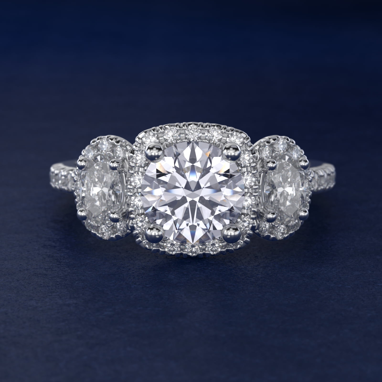 Three-Stone Oval Halo Diamond Engagement Ring in 14k White Gold