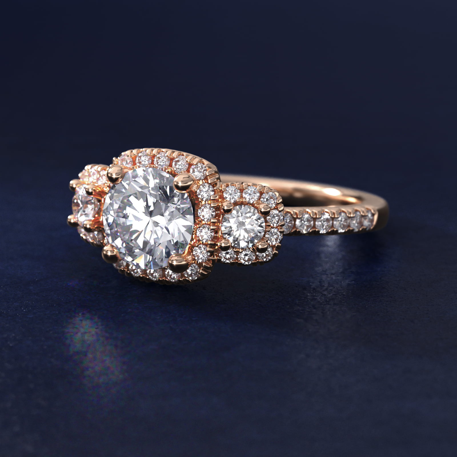 Three-Stone Cushion Halo Diamond Engagement Ring in 14k Rose Gold