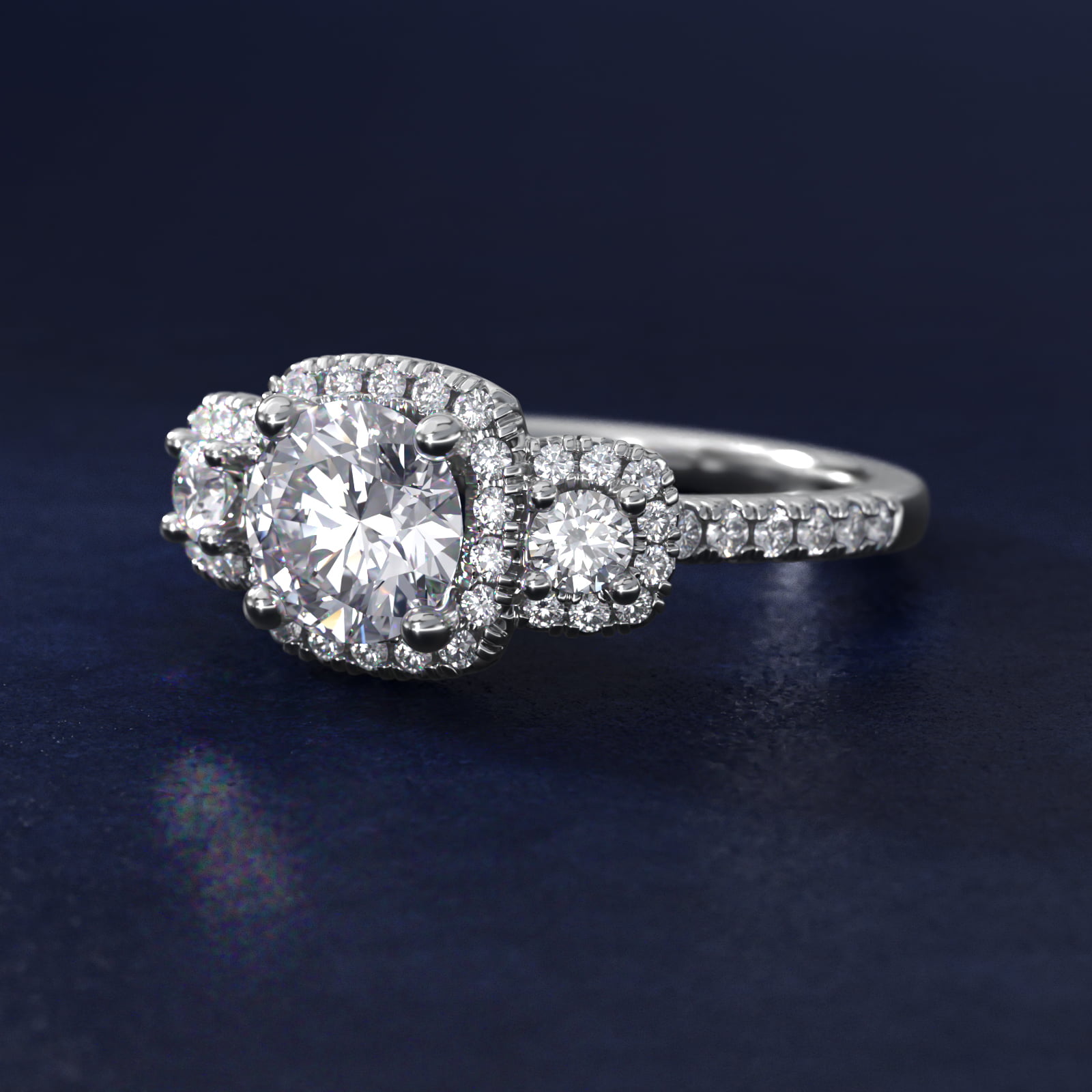 Three-Stone Cushion Halo Diamond Engagement Ring in 14k White Gold
