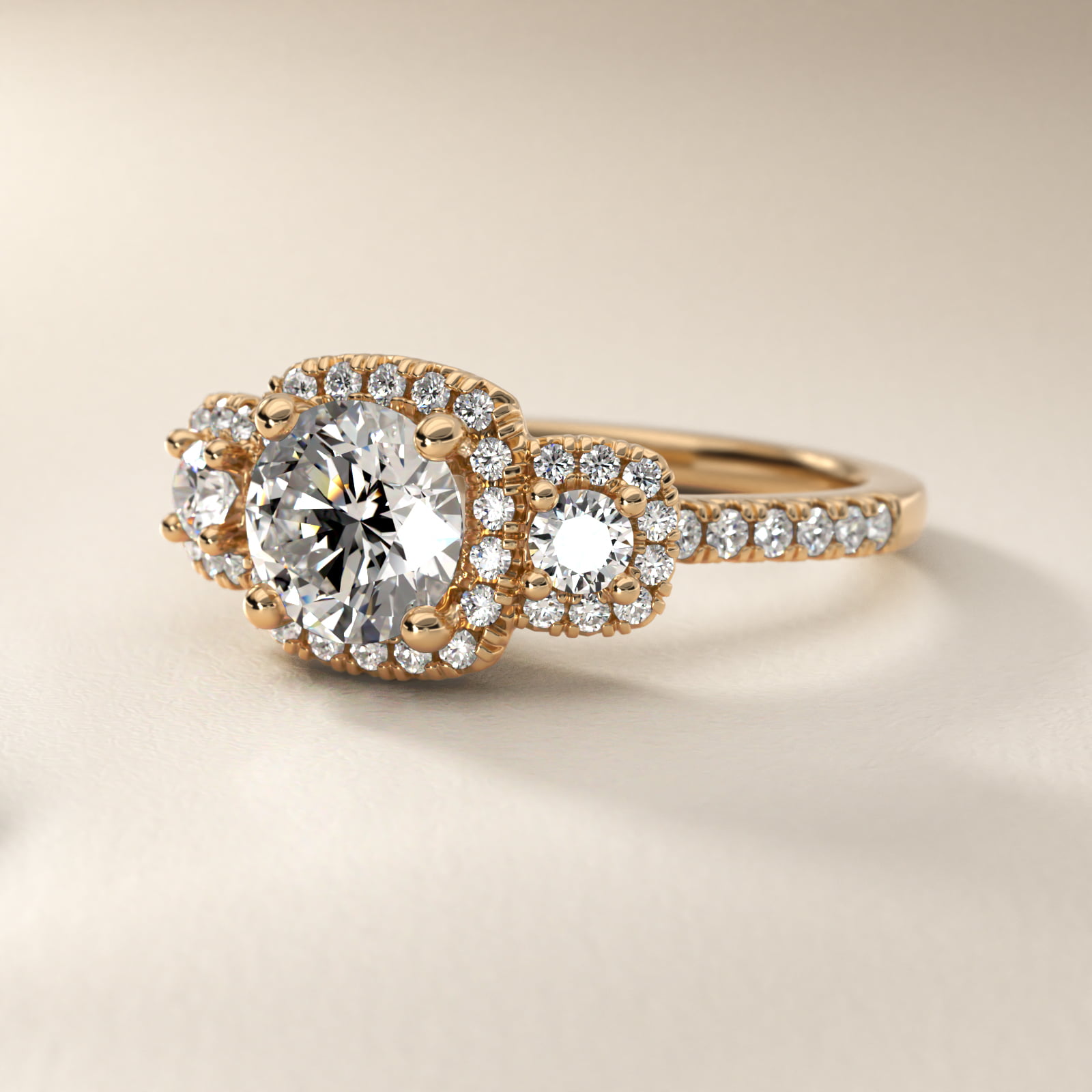 Three-Stone Cushion Halo Diamond Engagement Ring in 14k Yellow Gold