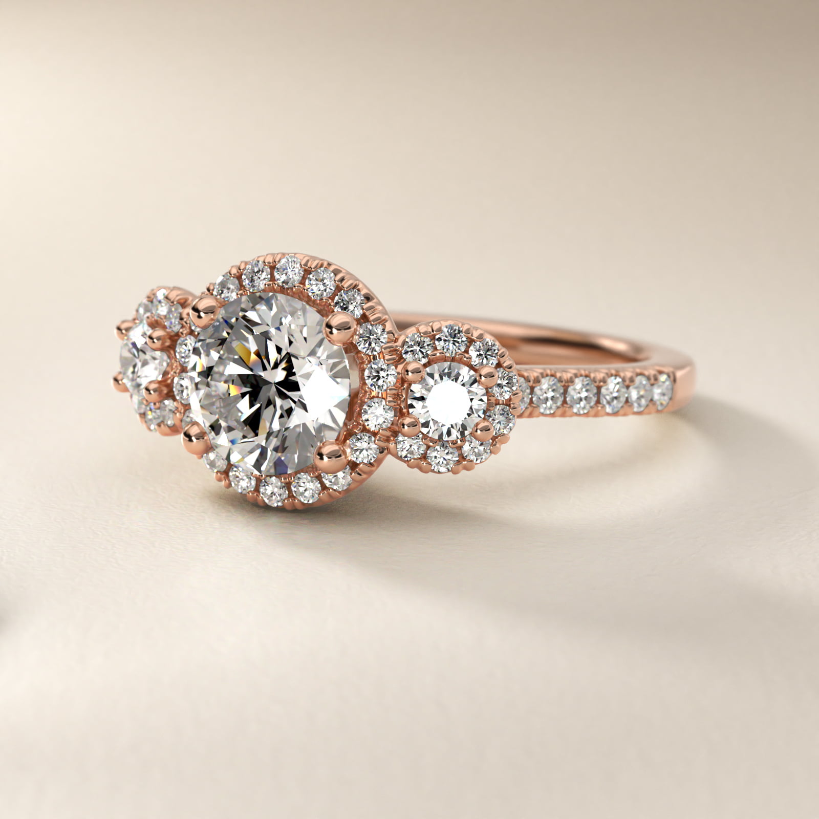 Three-Stone Halo Diamond Engagement Ring in 14k Rose Gold