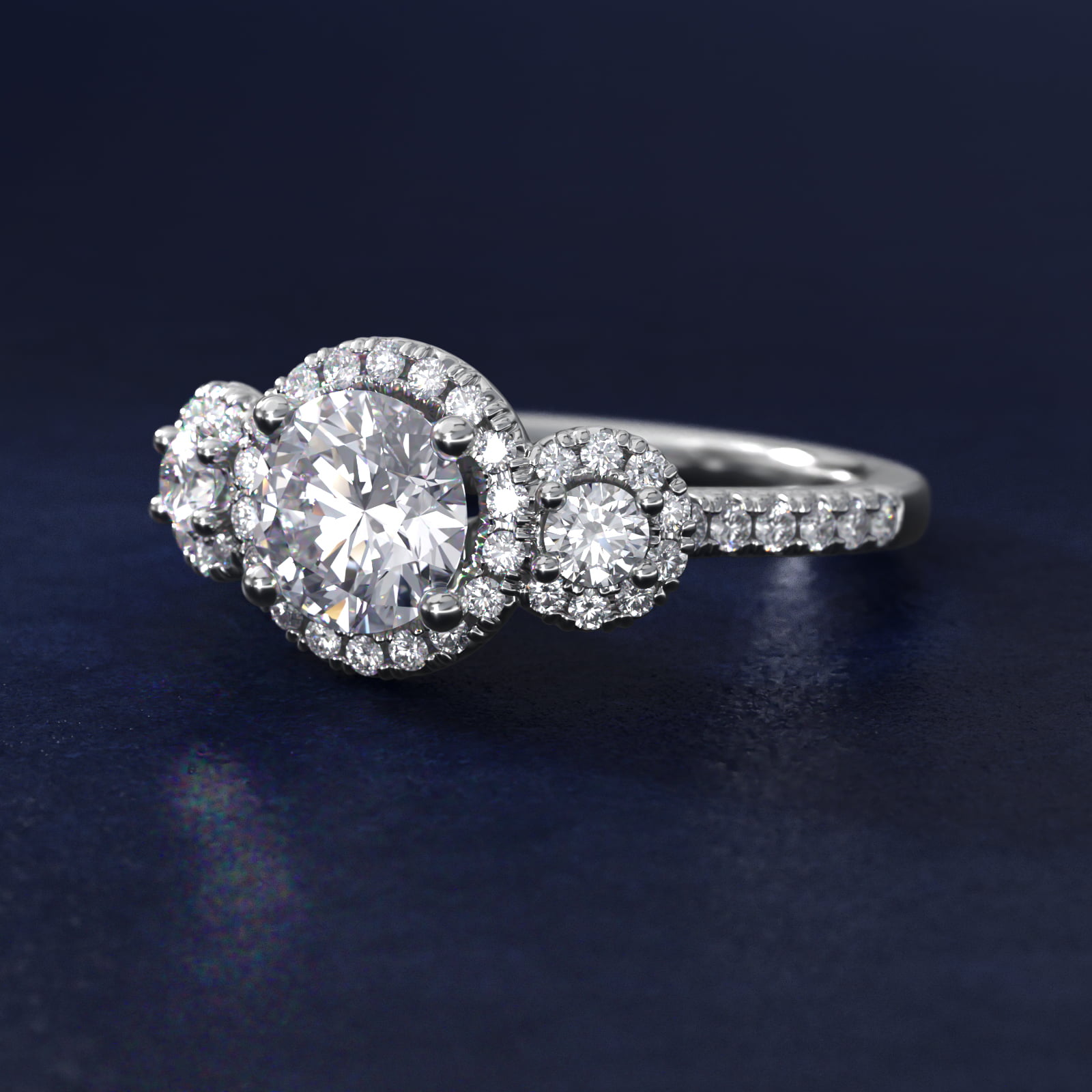 Three-Stone Halo Diamond Engagement Ring in 18k White Gold