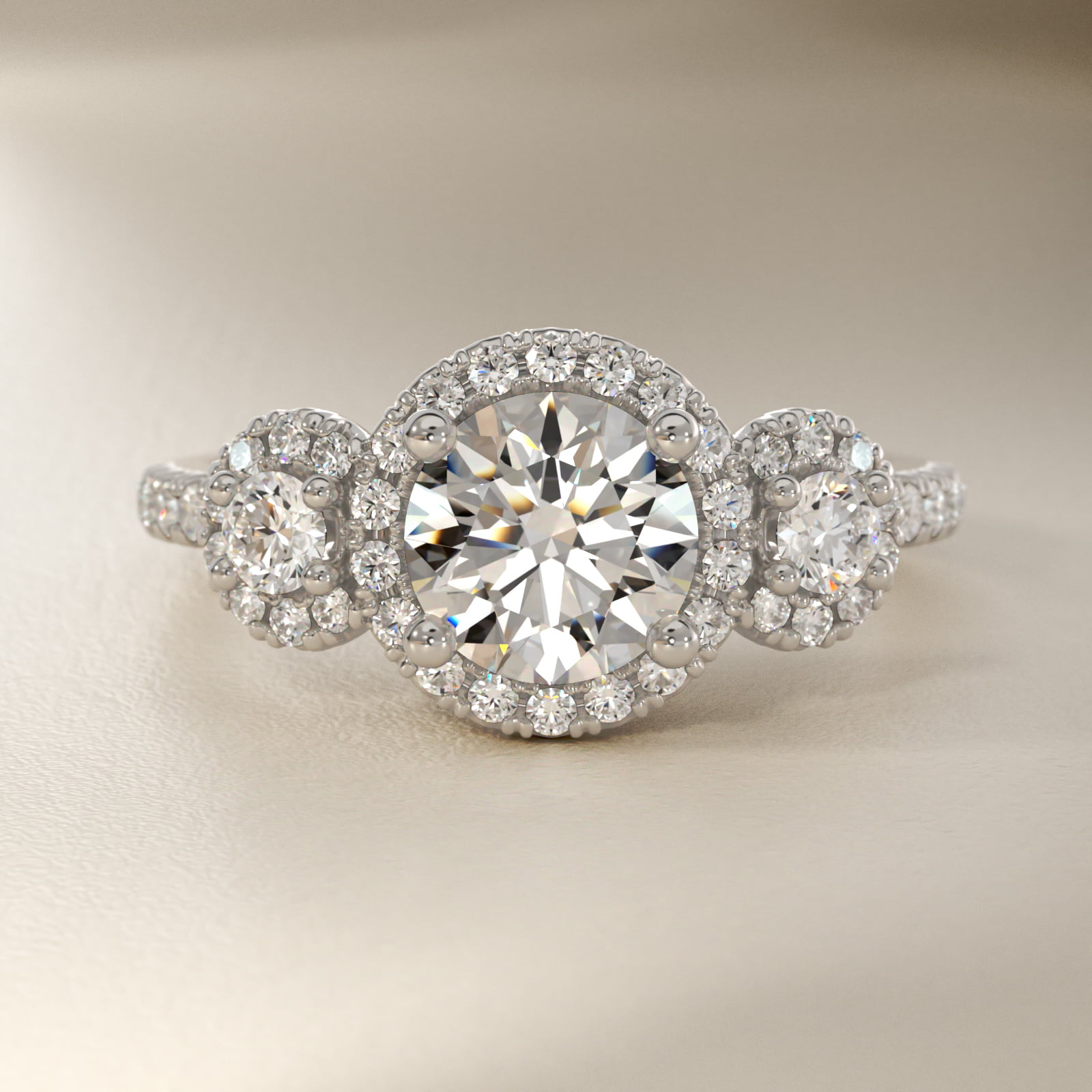 Three-Stone Halo Diamond Engagement Ring in 14k White Gold