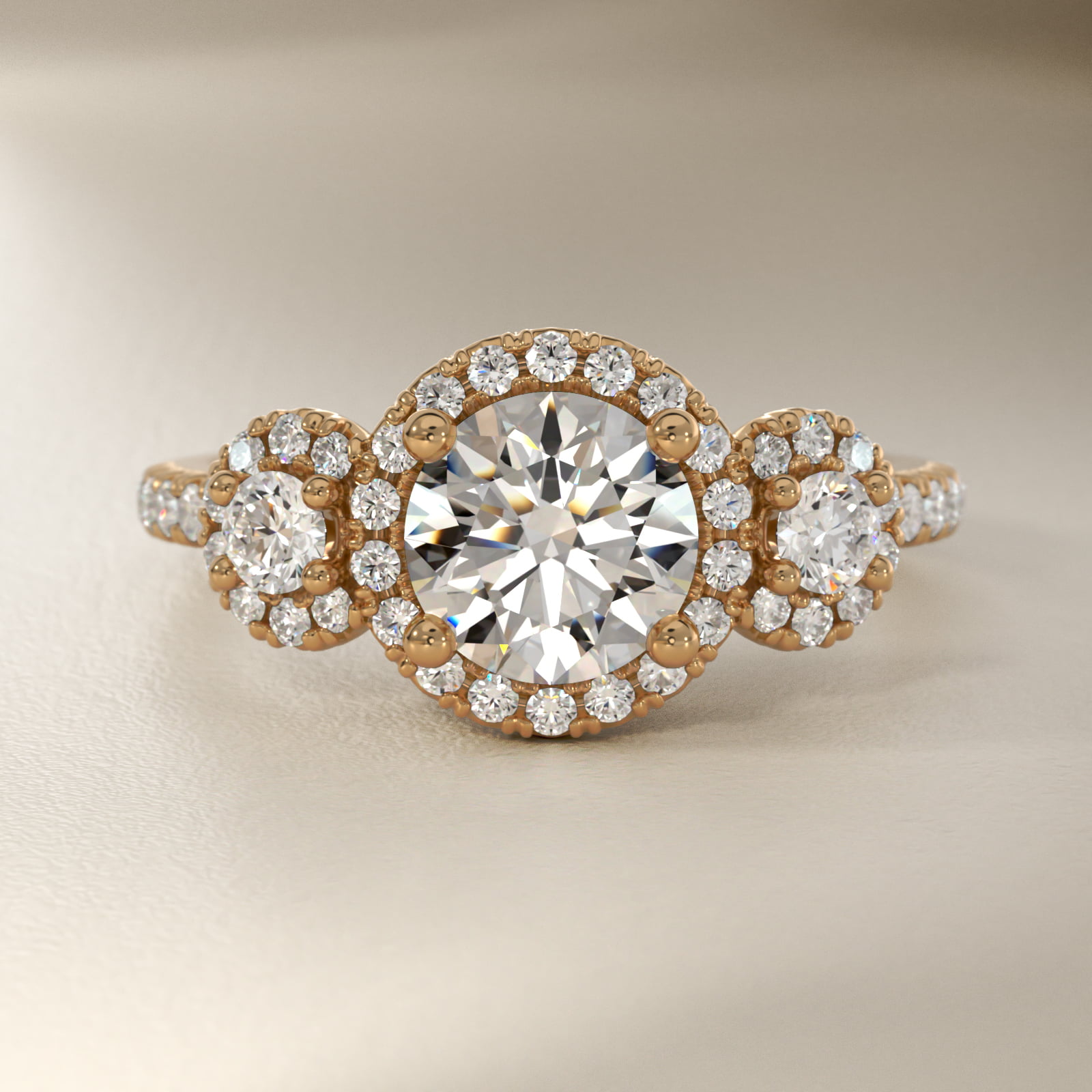 Three-Stone Halo Diamond Engagement Ring in 18k Yellow Gold