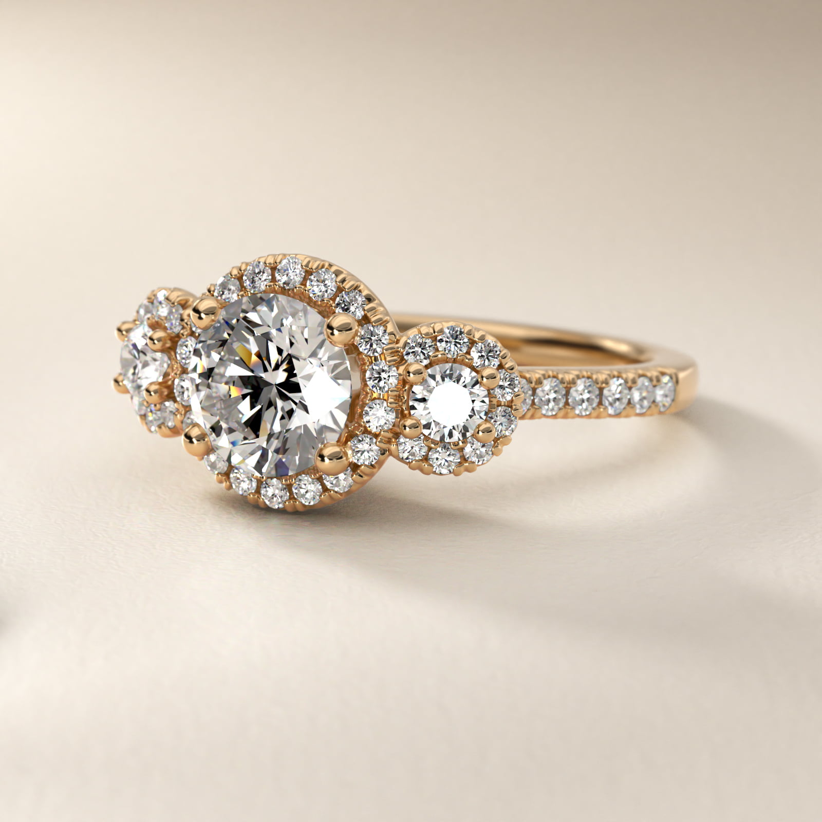 Three-Stone Halo Diamond Engagement Ring in 14k Yellow Gold
