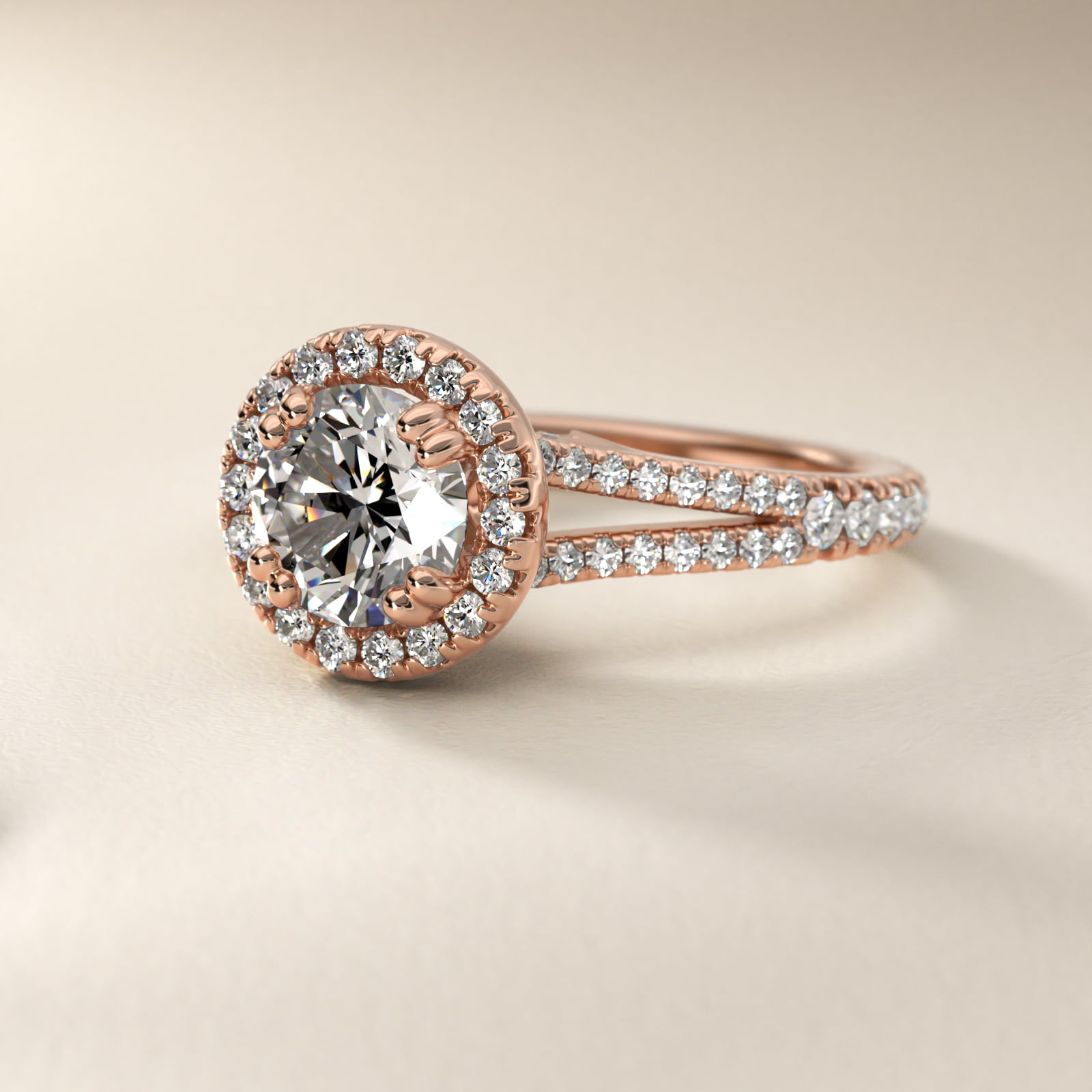 Split Shank Halo Diamond Engagement Ring in 14k Rose Gold