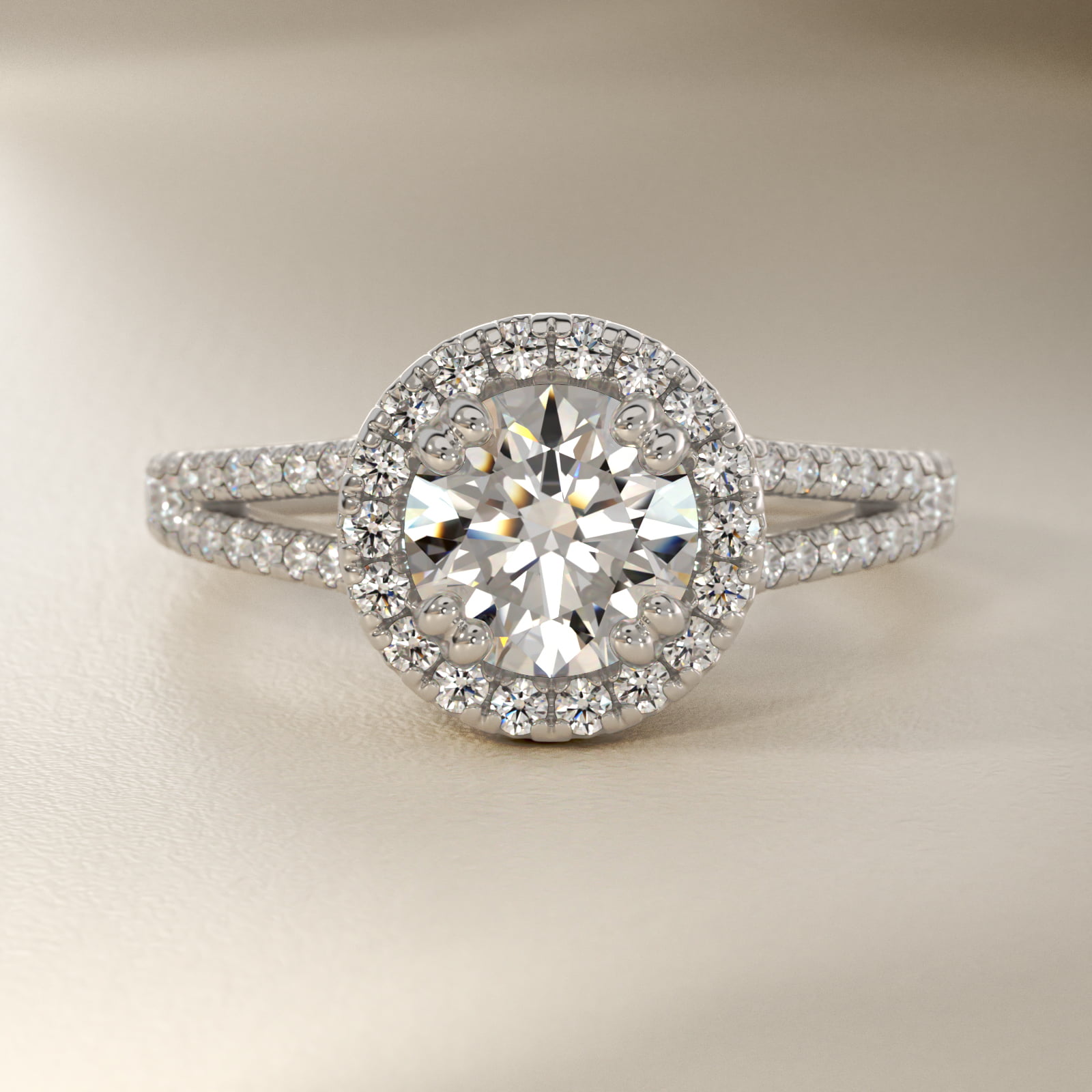 Split Shank Halo Diamond Engagement Ring in 14k White Gold