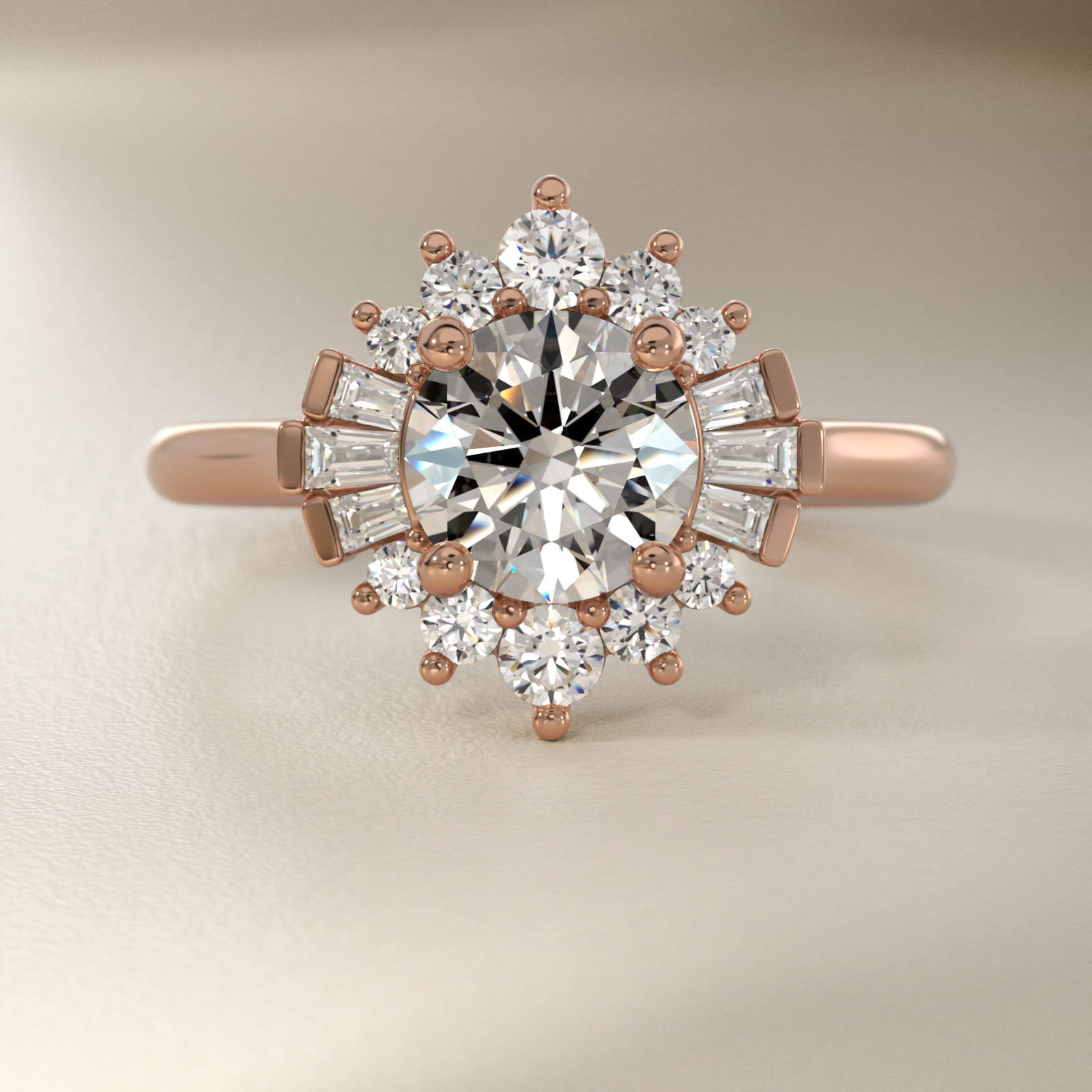 Baguette and Round Ballerina Halo Diamond Engagement Ring in 14k Rose Gold