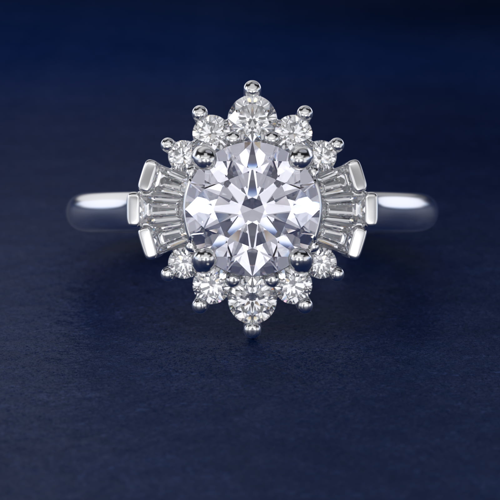 Baguette and Round Ballerina Halo Diamond Engagement Ring in Platinum