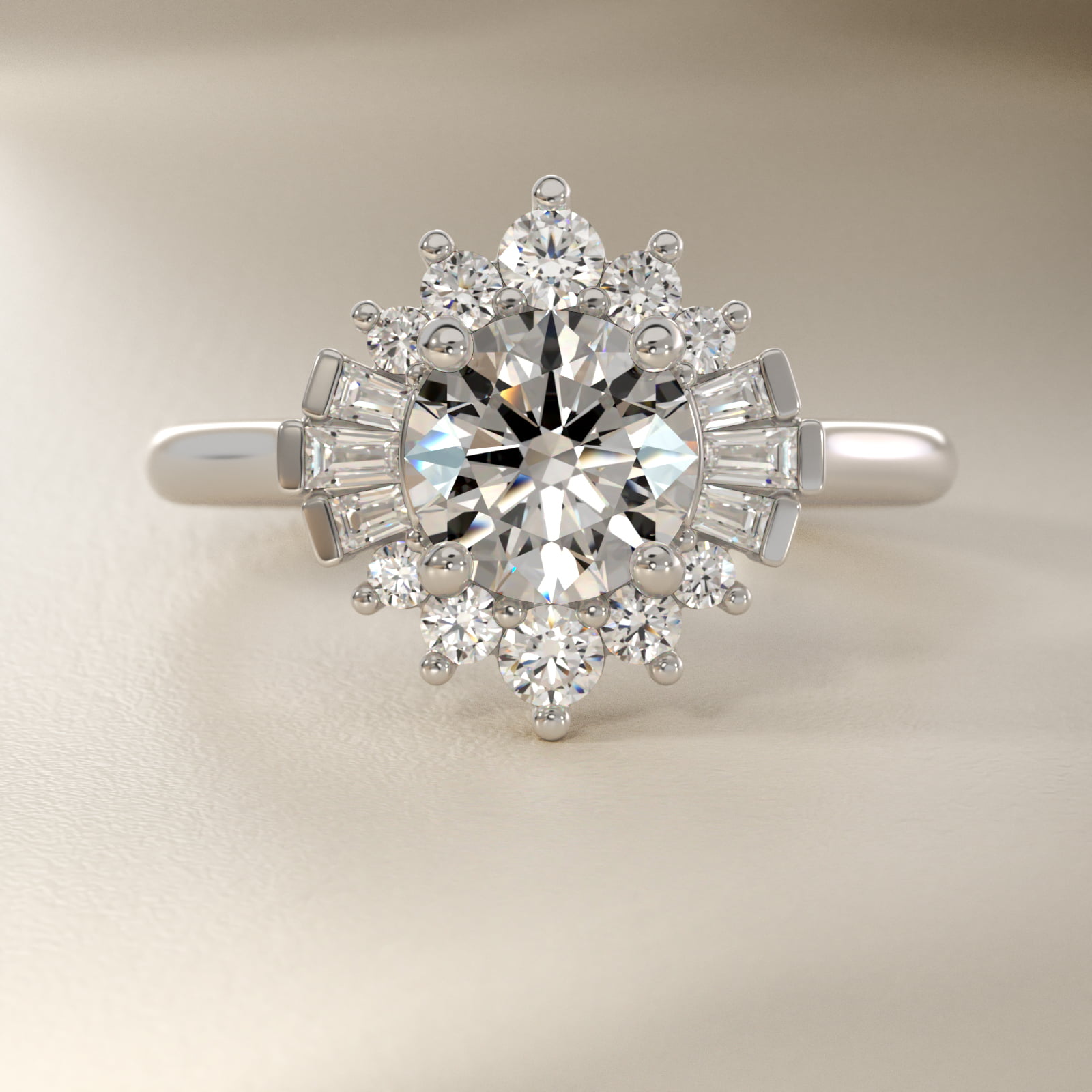 Baguette and Round Ballerina Halo Diamond Engagement Ring in 18k White Gold (1ct. tw.)